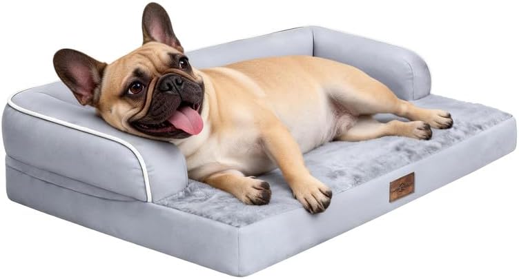 Comfort Expression Washable Orthopedic Dog Bed for Large Sized Dogs | Waterproof Memory Foam Pet Bed 91x68x17cm with Removable Cover, Pet Sofa Couch with Non-Slip & Bolster, Grey