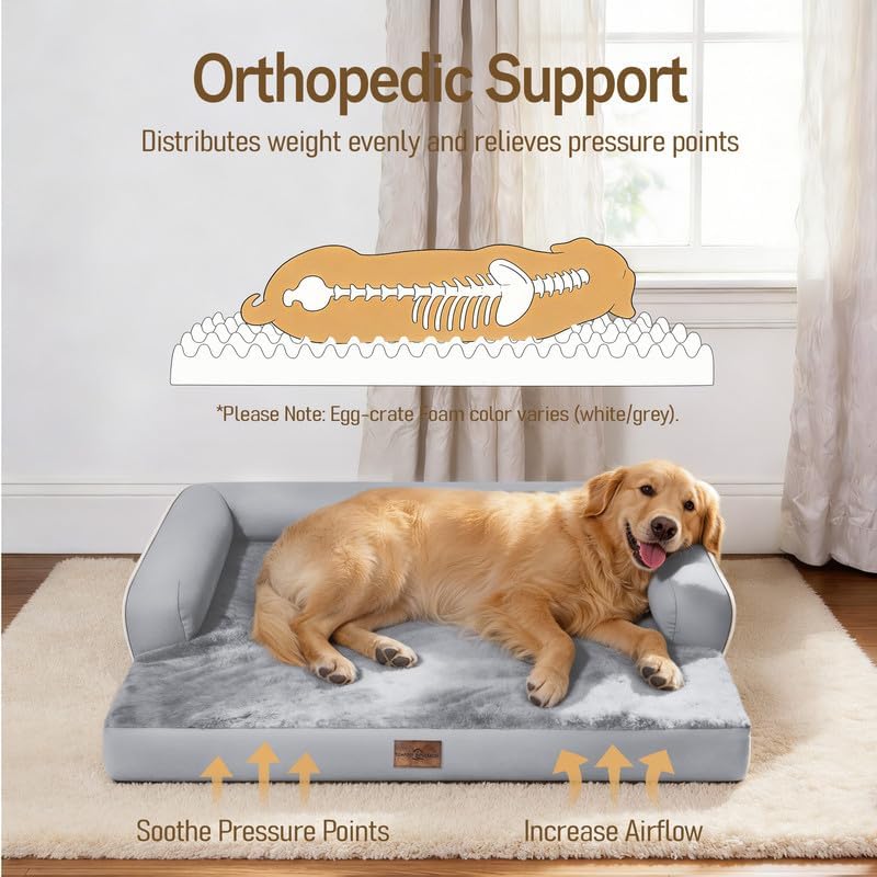 Comfort Expression Washable Orthopedic Dog Bed for Large Sized Dogs | Waterproof Memory Foam Pet Bed 91x68x17cm with Removable Cover, Pet Sofa Couch with Non-Slip & Bolster, Grey