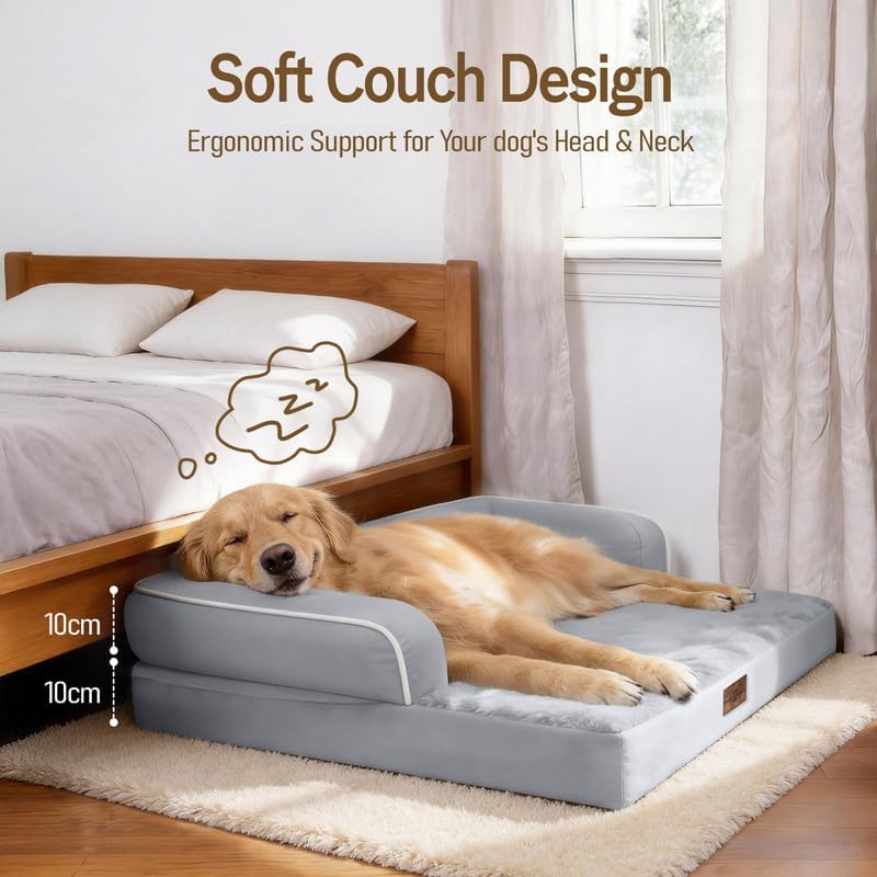 Comfort Expression Washable Orthopedic Dog Bed for Large Sized Dogs | Waterproof Memory Foam Pet Bed 91x68x17cm with Removable Cover, Pet Sofa Couch with Non-Slip & Bolster, Grey