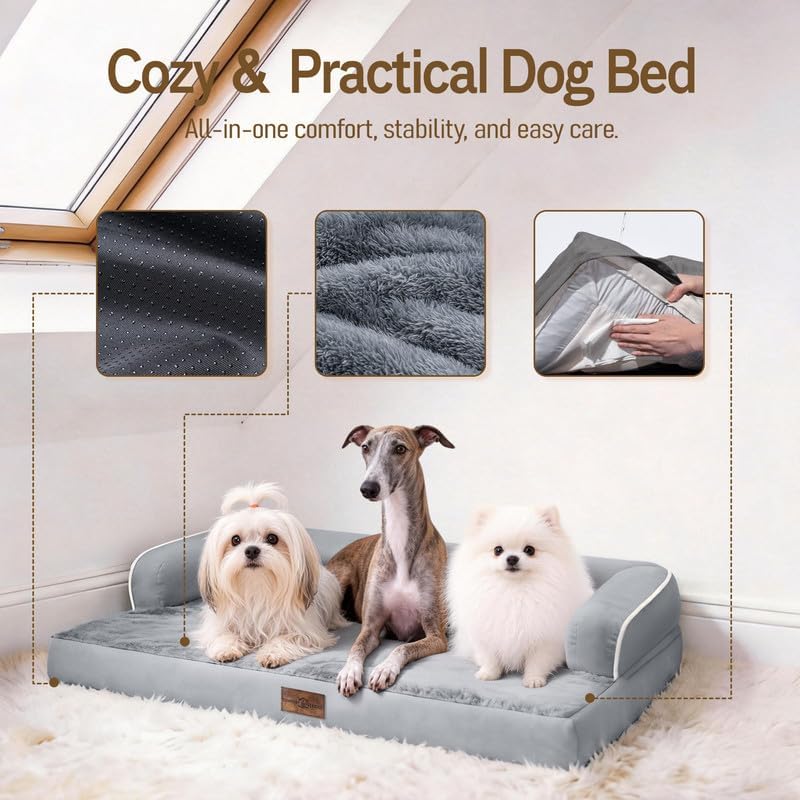 Comfort Expression Washable Orthopedic Dog Bed for Large Sized Dogs | Waterproof Memory Foam Pet Bed 91x68x17cm with Removable Cover, Pet Sofa Couch with Non-Slip & Bolster, Grey