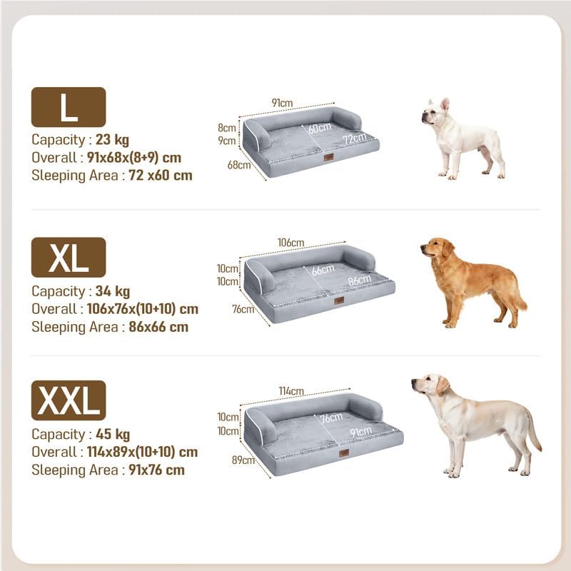 Comfort Expression Washable Orthopedic Dog Bed for Large Sized Dogs | Waterproof Memory Foam Pet Bed 91x68x17cm with Removable Cover, Pet Sofa Couch with Non-Slip & Bolster, Grey