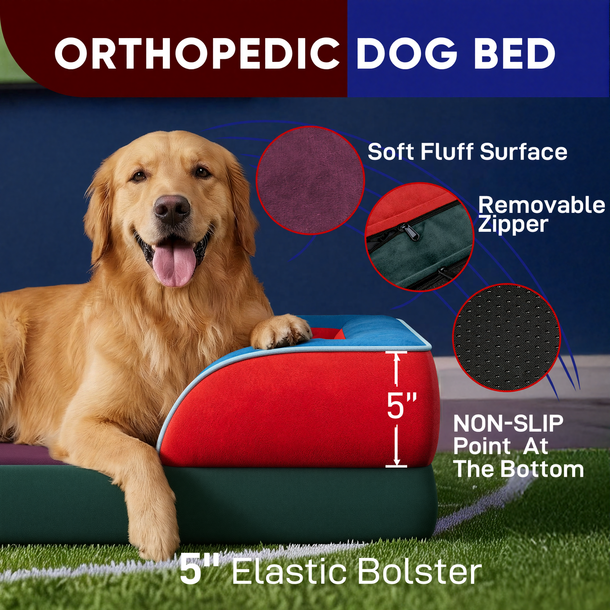 San Francisco - World Cup Host City Theme Orthopedic Dog Bed for Large Dogs – Waterproof Egg Crate Foam Pet Bed with Bolsters, Washable Cover & Non-Slip Bottom
