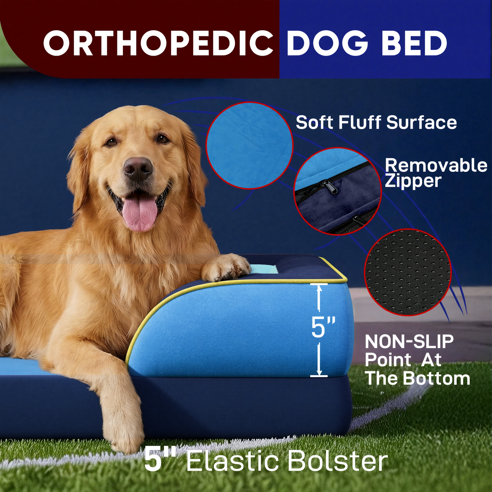 New Jersey - World Cup Host City Theme Orthopedic Dog Bed for Large Dogs – Waterproof Egg Crate Foam Pet Bed with Bolsters, Washable Cover & Non-Slip Bottom
