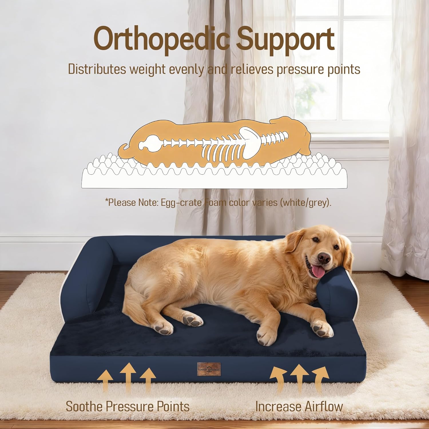 Comfort Expression Washable Orthopedic Dog Bed for Large Sized Dogs | Waterproof Memory Foam Pet Bed 36x27 Inch with Removable Cover, Pet Sofa Couch with Non-Slip & Bolster, Navy Blue