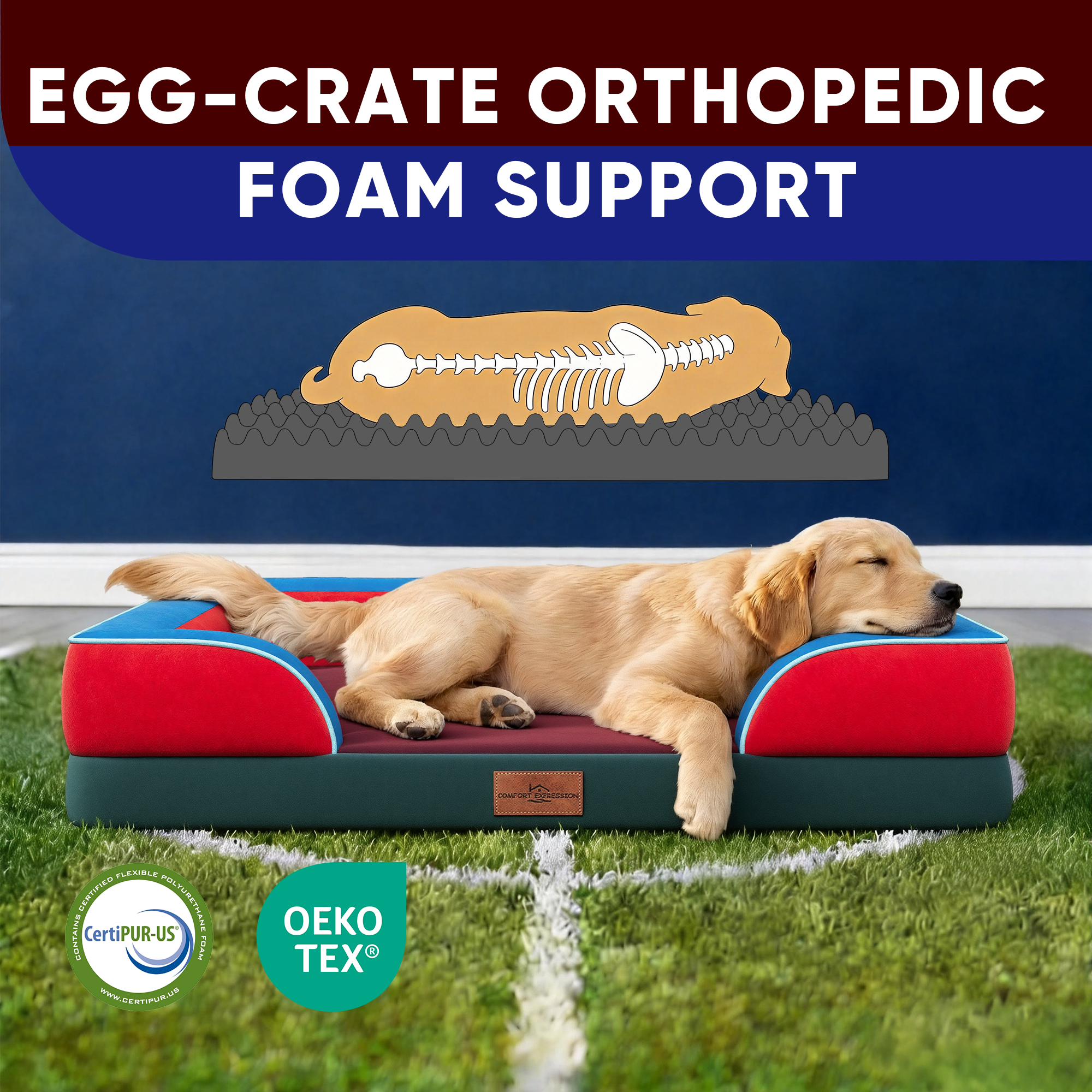 San Francisco - World Cup Host City Theme Orthopedic Dog Bed for Large Dogs – Waterproof Egg Crate Foam Pet Bed with Bolsters, Washable Cover & Non-Slip Bottom