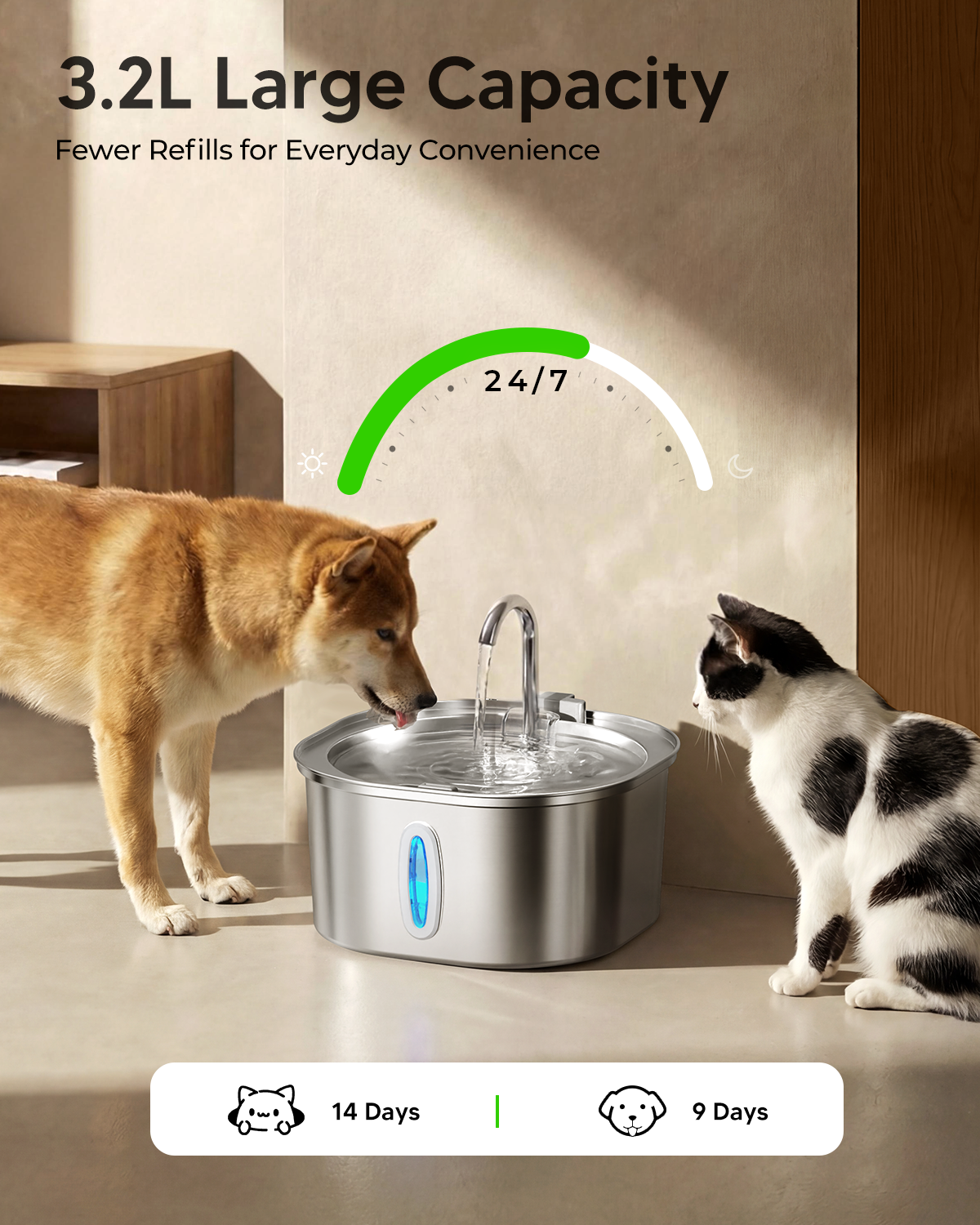 Stainless Steel Cat Water Fountain, 3.2L/108oz Cat Water Dispenser with Quiet Water Pump, Dishwasher Safe Pet Drinking Fountain for Cats