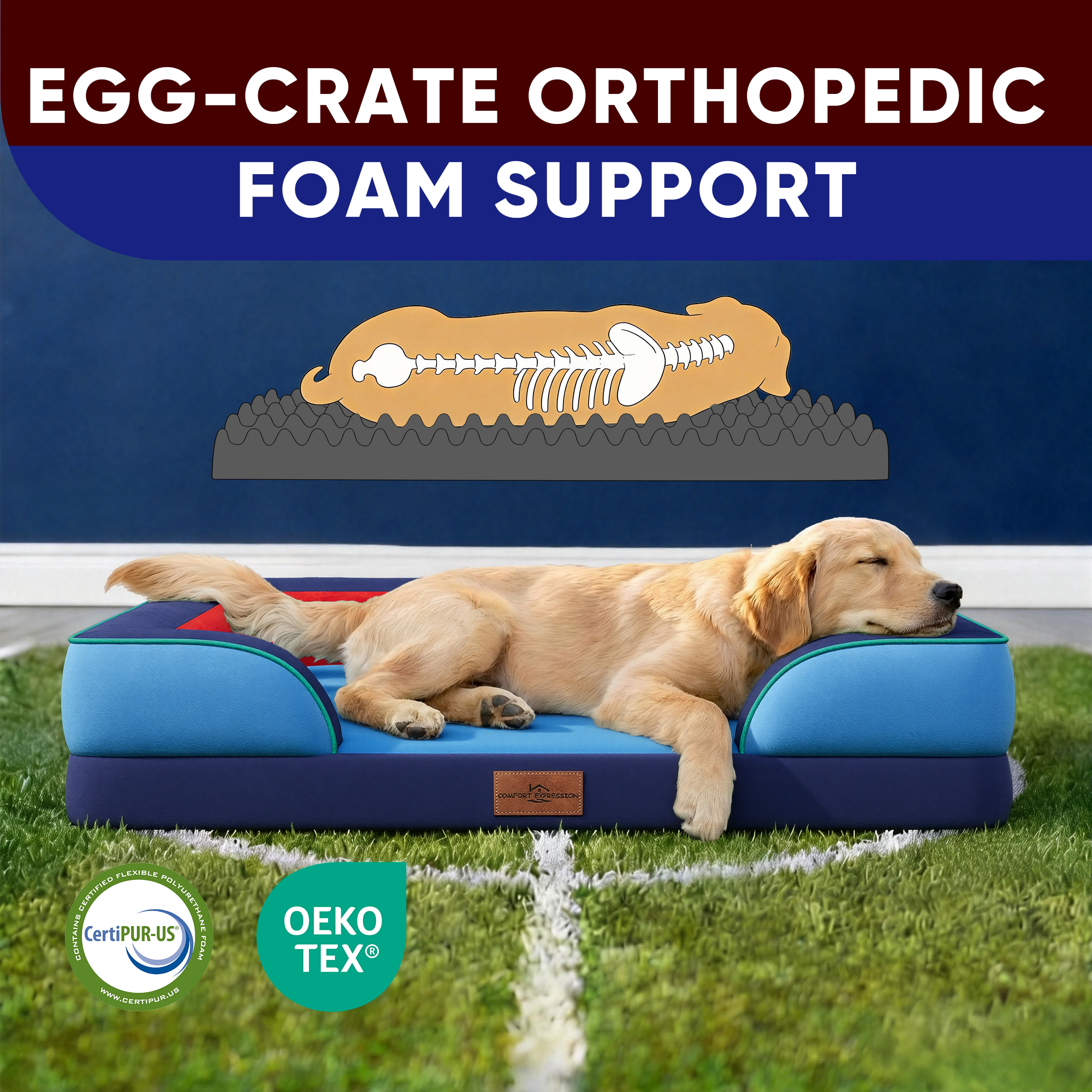Philadelphia - World Cup Host City Theme Orthopedic Dog Bed for Large Dogs – Waterproof Egg Crate Foam Pet Bed with Bolsters, Washable Cover & Non-Slip Bottom
