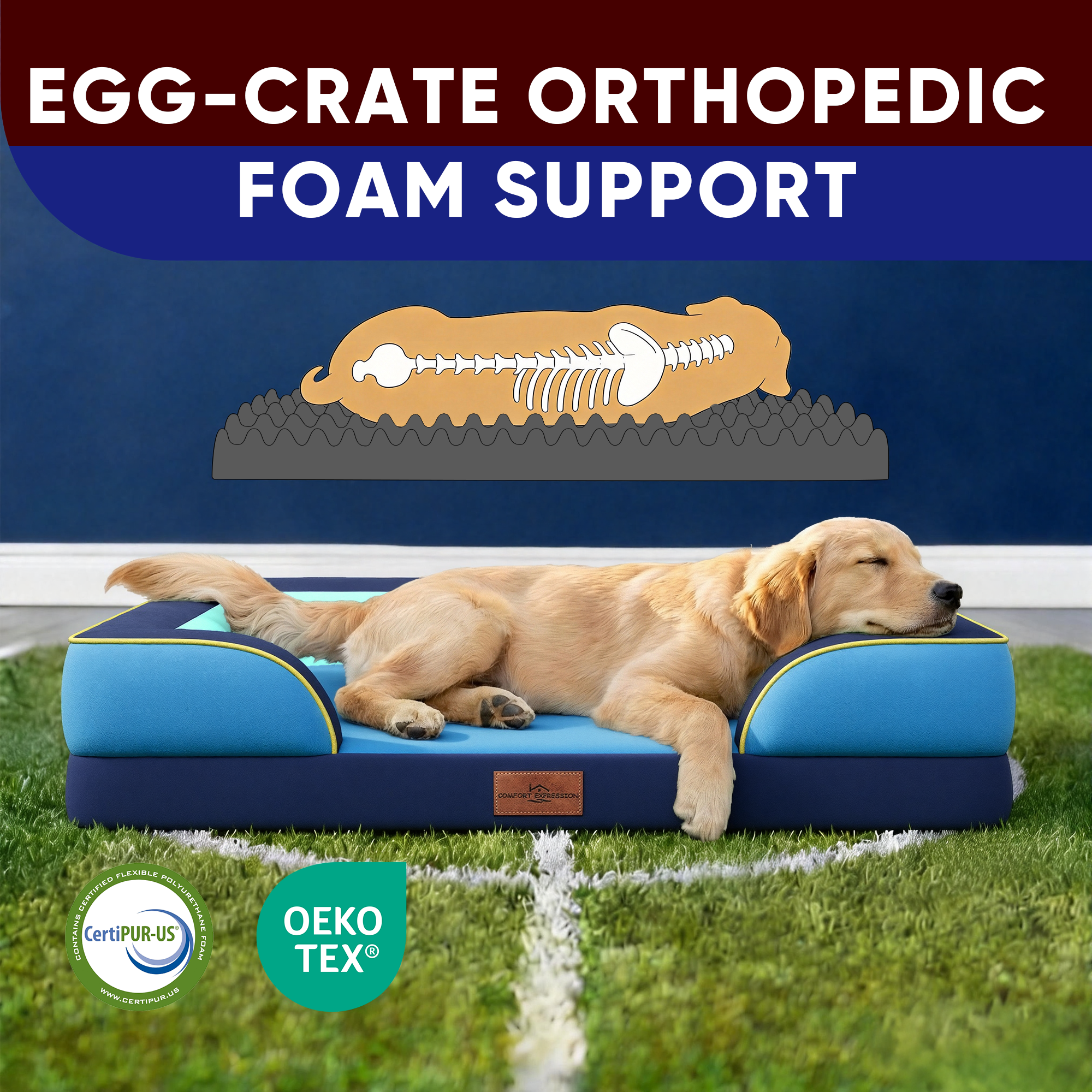 New Jersey - World Cup Host City Theme Orthopedic Dog Bed for Large Dogs – Waterproof Egg Crate Foam Pet Bed with Bolsters, Washable Cover & Non-Slip Bottom