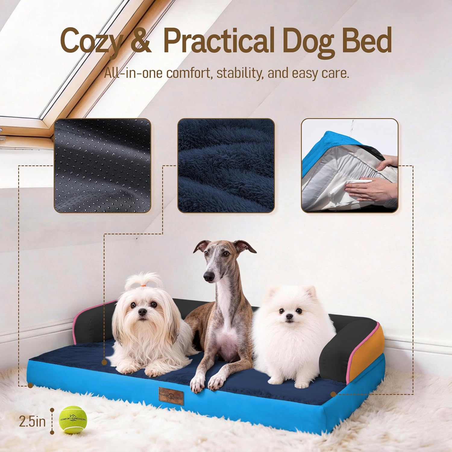 Comfort Expression Memory Foam Large Dog Bed Washable - Waterproof Orthopedic Dog Beds Pet Couch Memory Foam Sofa Bolster with Removable Cover - 36 x 27
