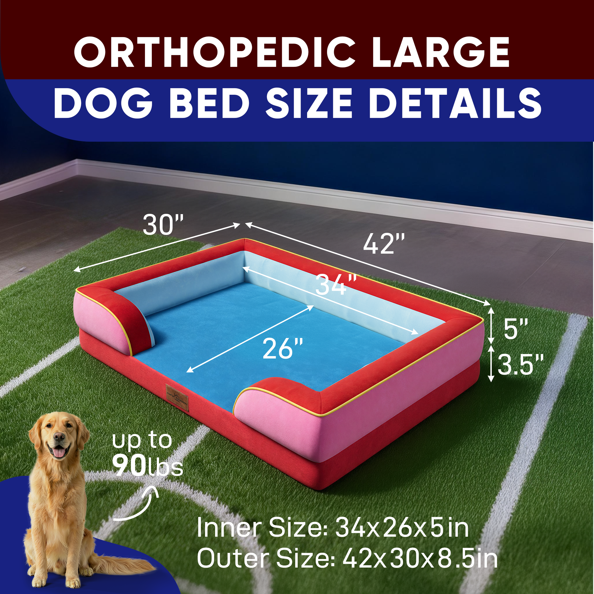 Los Angeles - World Cup Host City Theme Orthopedic Dog Bed for Large Dogs – Waterproof Egg Crate Foam Pet Bed with Bolsters, Washable Cover & Non-Slip Bottom