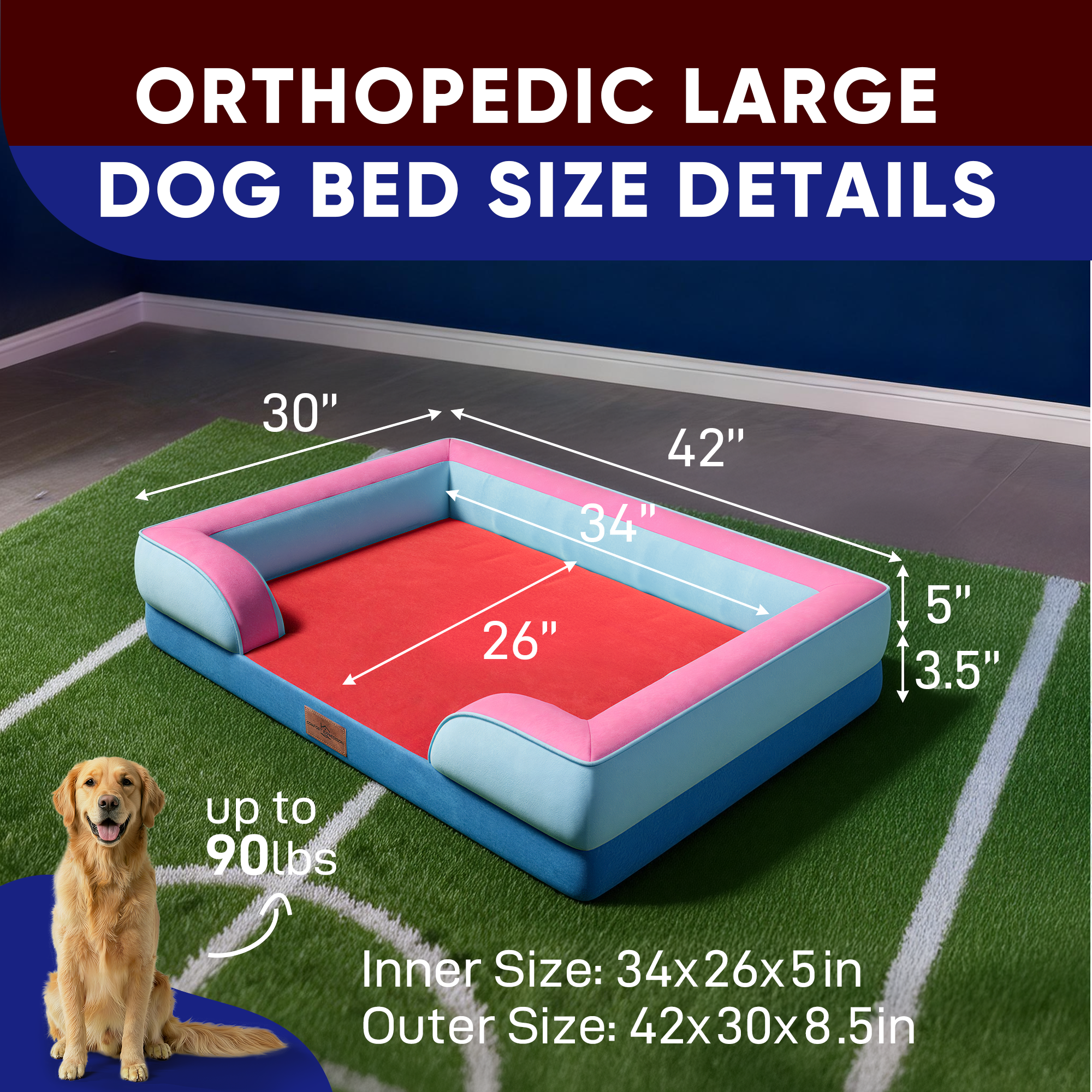 Atlanta - World Cup Host City Theme Orthopedic Dog Bed for Large Dogs – Waterproof Egg Crate Foam Pet Bed with Bolsters, Washable Cover & Non-Slip Bottom