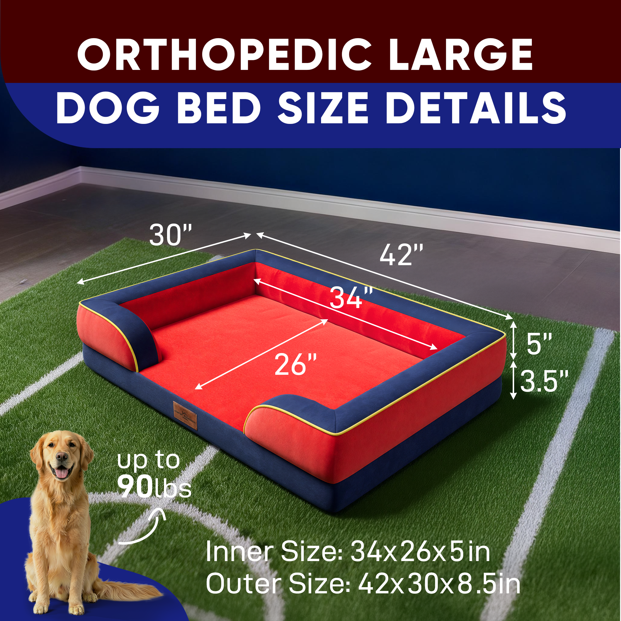 Kansas City - World Cup Host City Theme Orthopedic Dog Bed for Large Dogs – Waterproof Egg Crate Foam Pet Bed with Bolsters, Washable Cover & Non-Slip Bottom