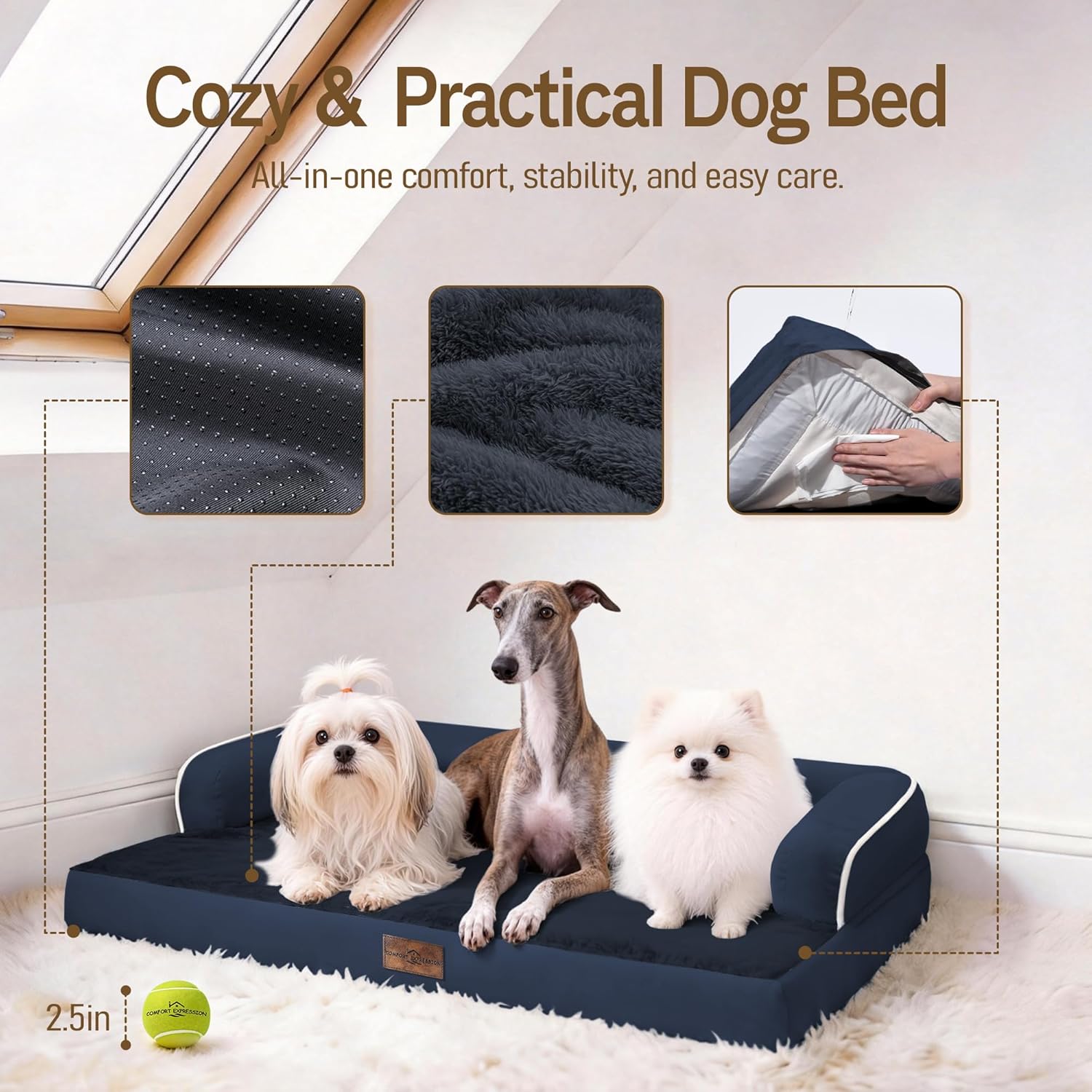 Comfort Expression Washable Orthopedic Dog Bed for Large Sized Dogs | Waterproof Memory Foam Pet Bed 36x27 Inch with Removable Cover, Pet Sofa Couch with Non-Slip & Bolster, Navy Blue