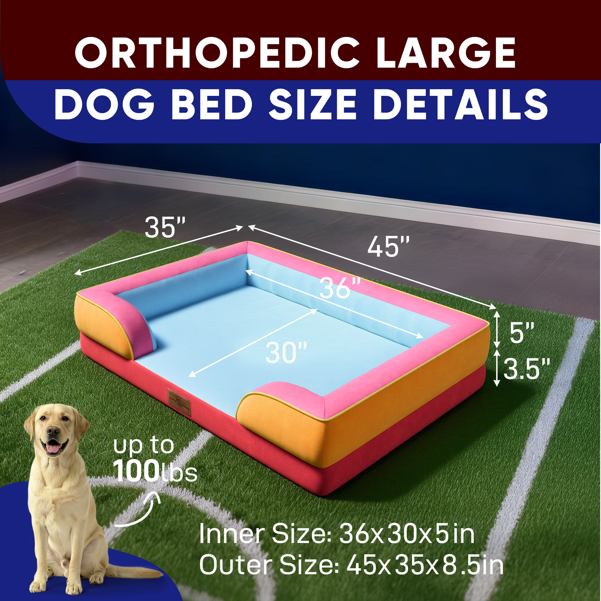 Miami - World Cup Host City Theme Orthopedic Dog Bed for Large Dogs – Waterproof Egg Crate Foam Pet Bed with Bolsters, Washable Cover & Non-Slip Bottom