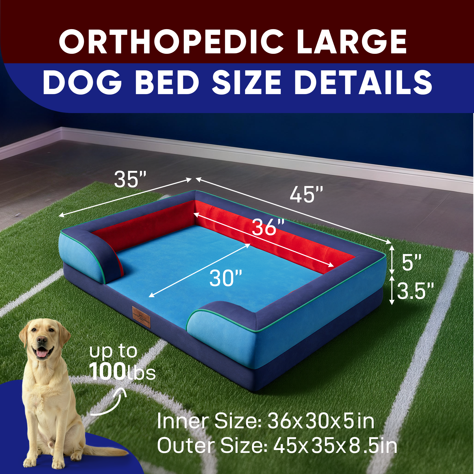 Philadelphia - World Cup Host City Theme Orthopedic Dog Bed for Large Dogs – Waterproof Egg Crate Foam Pet Bed with Bolsters, Washable Cover & Non-Slip Bottom
