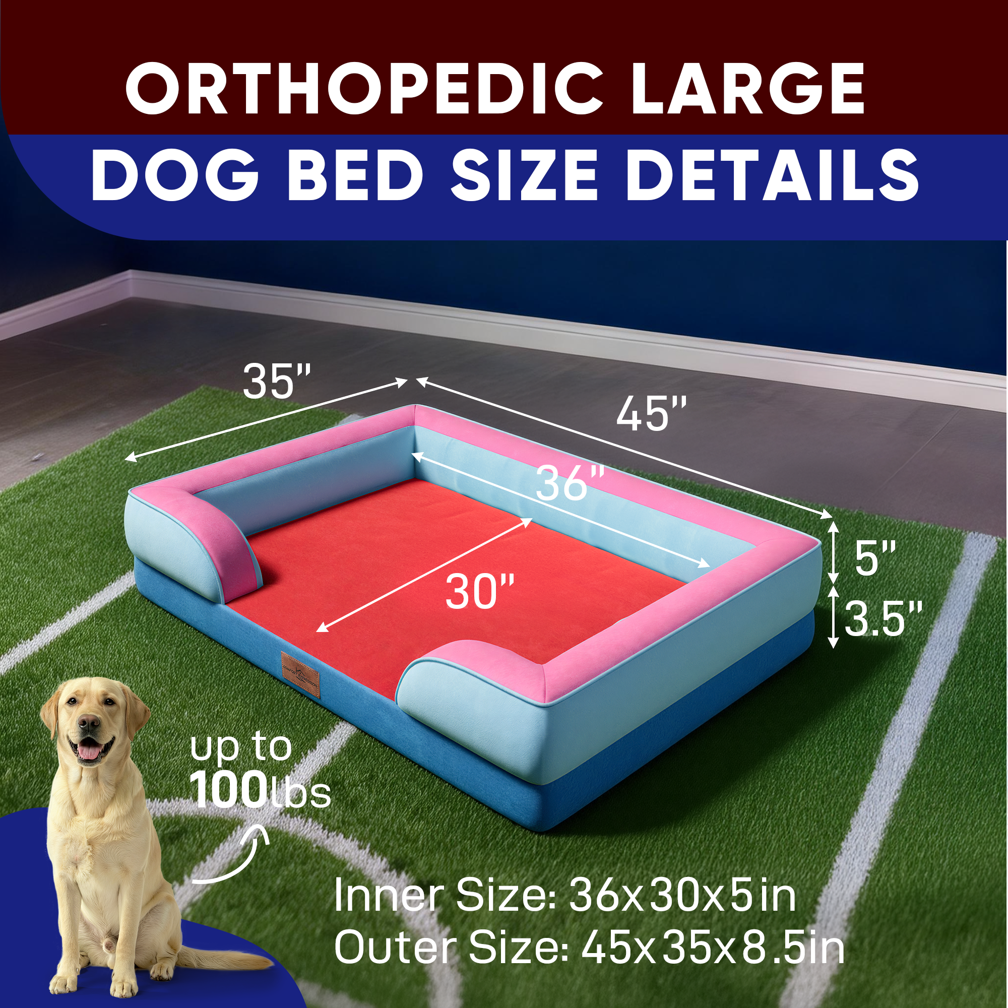 Atlanta - World Cup Host City Theme Orthopedic Dog Bed for Large Dogs – Waterproof Egg Crate Foam Pet Bed with Bolsters, Washable Cover & Non-Slip Bottom