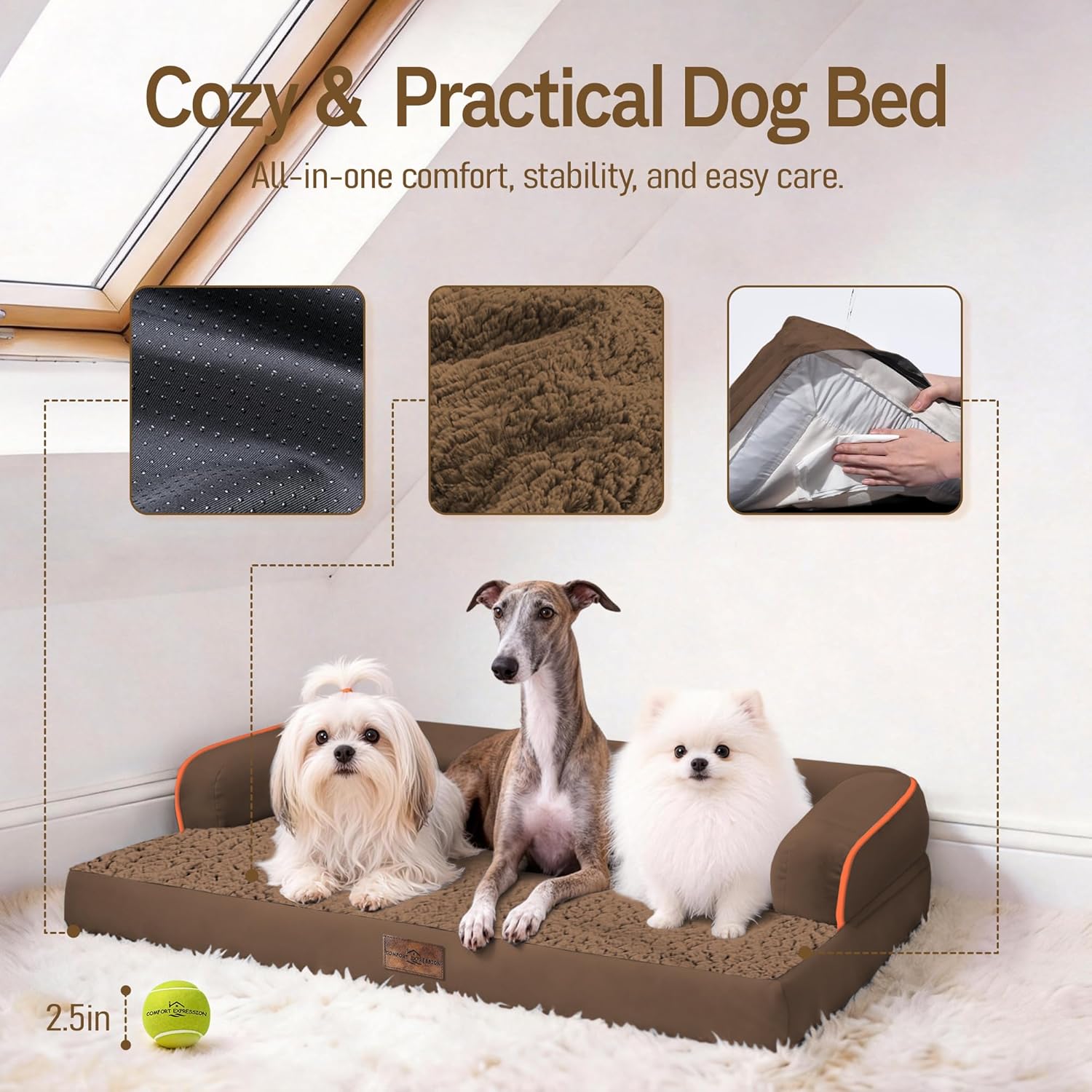 Comfort Expression Memory Foam Dog Bed Large Sized Dogs - Waterproof Orthopedic Pet Bed with Washable Removable Cover, Non-Slip Pet Sofa Couch, 36 x 27