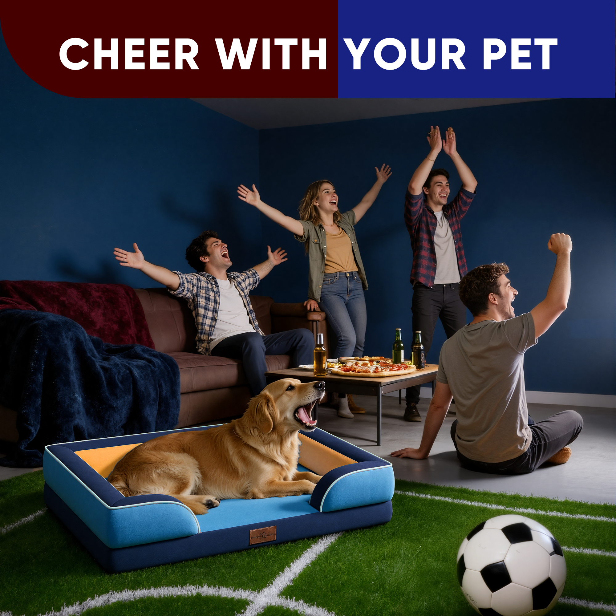 Houston - World Cup Host City Theme Orthopedic Dog Bed for Large Dogs – Waterproof Egg Crate Foam Pet Bed with Bolsters, Washable Cover & Non-Slip Bottom