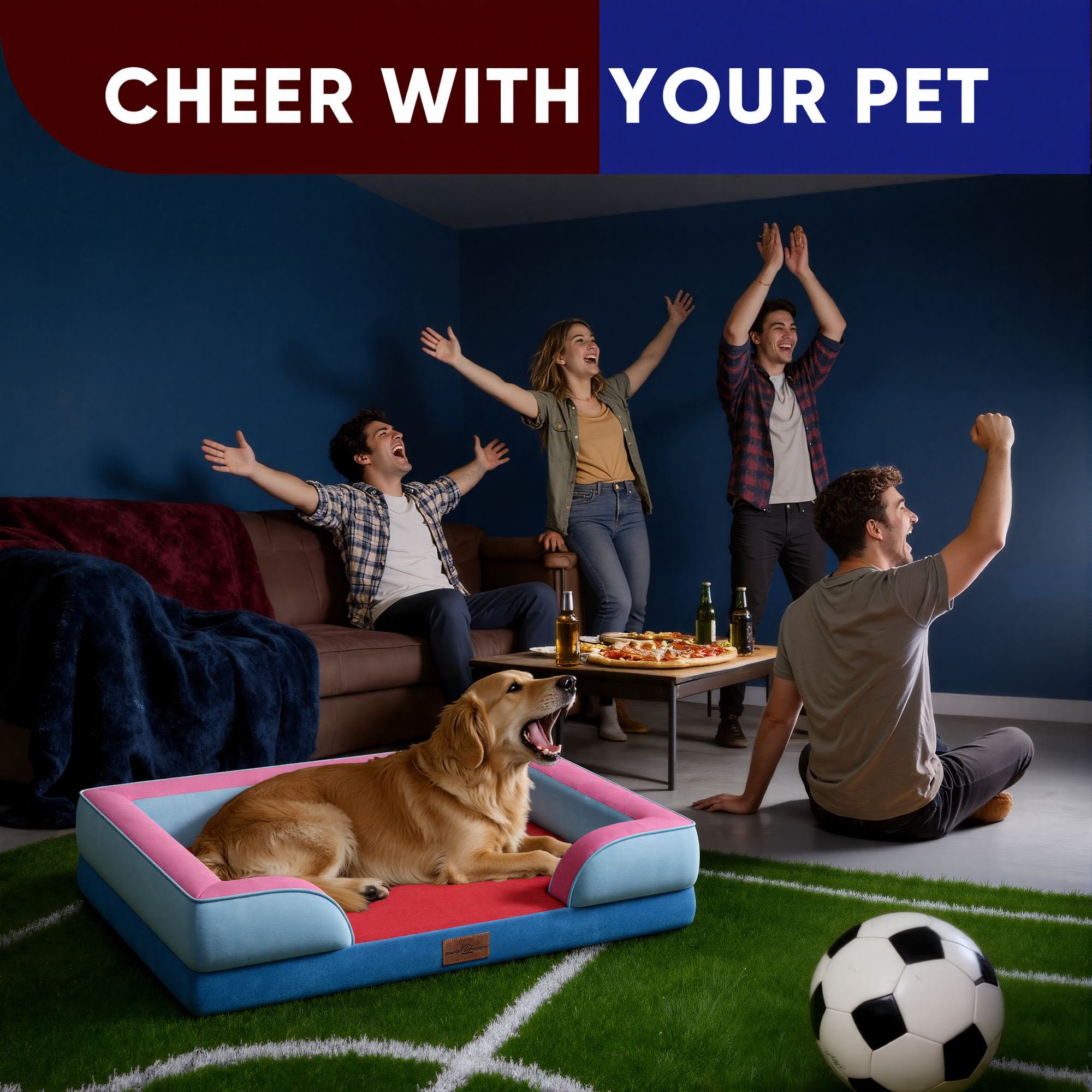 Atlanta - World Cup Host City Theme Orthopedic Dog Bed for Large Dogs – Waterproof Egg Crate Foam Pet Bed with Bolsters, Washable Cover & Non-Slip Bottom