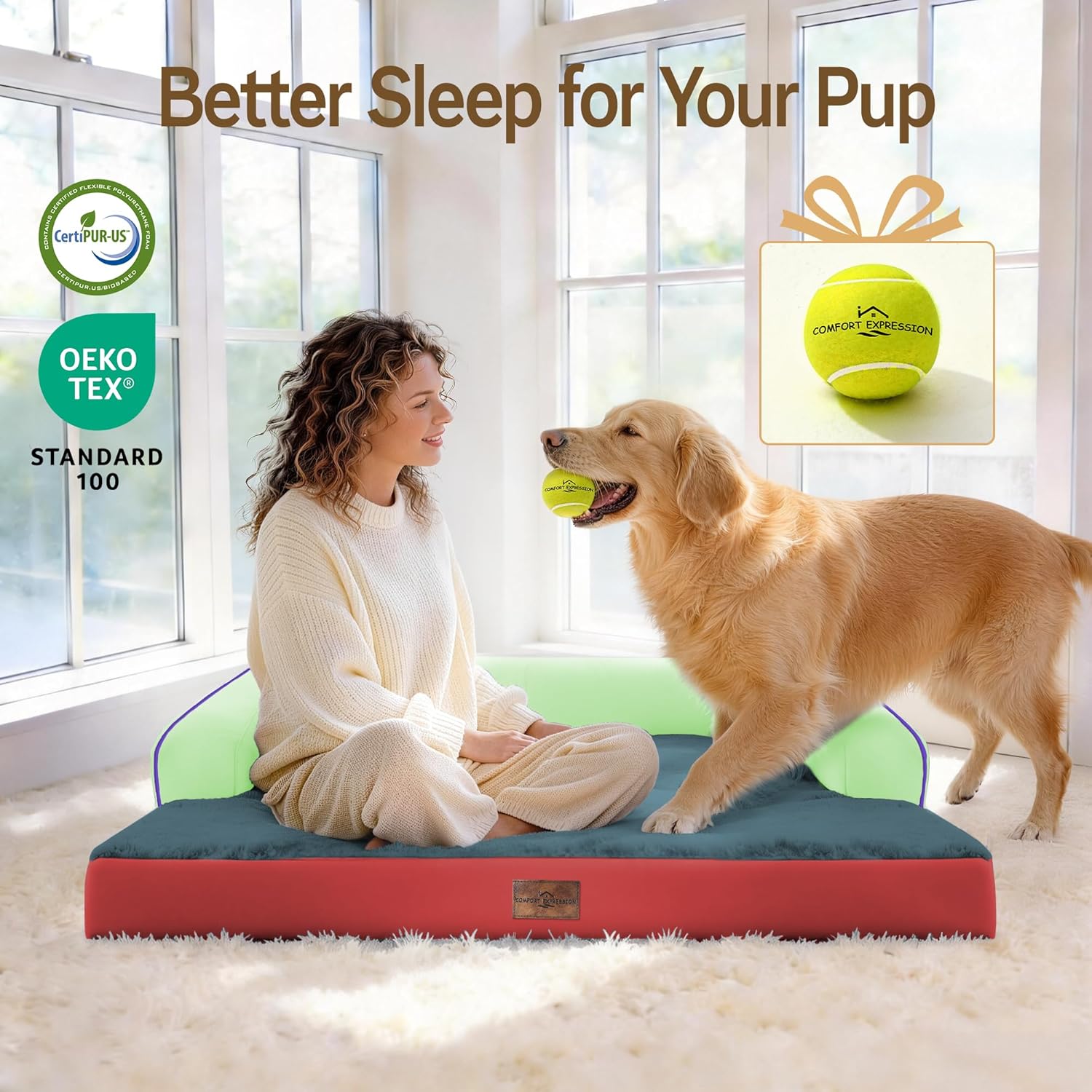 Comfort Expression Large Dog Bed Orthopedic -Washable XL Dog Beds Waterproof Pet Couch Memory Foam Sofa Bolster with Removable Cover - 42 x 30