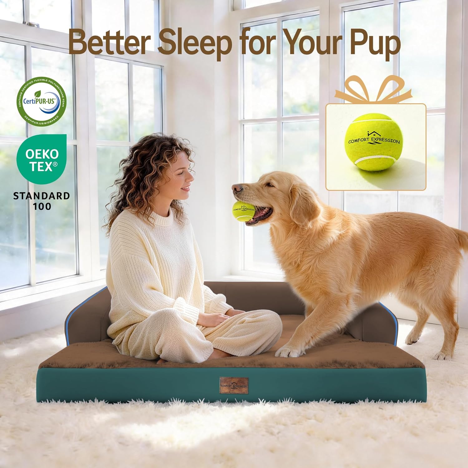 Comfort Expression Memory Foam Dog Bed for Large Medium Sized Dogs - Washable Dog Beds Waterproof Orthopedic Pet Couch Sofa Bolster with Removable Cover, 36 x 27