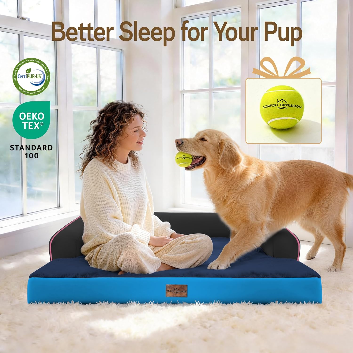 Comfort Expression Memory Foam Large Dog Bed Washable - Waterproof Orthopedic Dog Beds Pet Couch Memory Foam Sofa Bolster with Removable Cover - 36 x 27