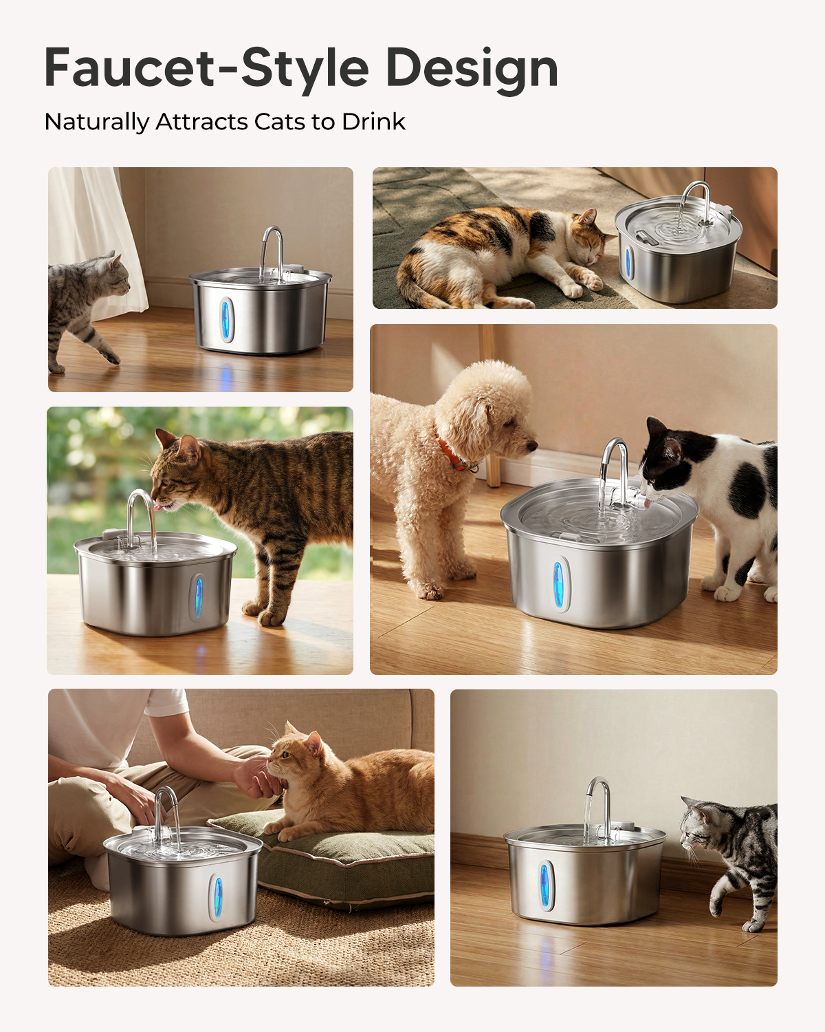 Stainless Steel Cat Water Fountain, 3.2L/108oz Cat Water Dispenser with Quiet Water Pump, Dishwasher Safe Pet Drinking Fountain for Cats