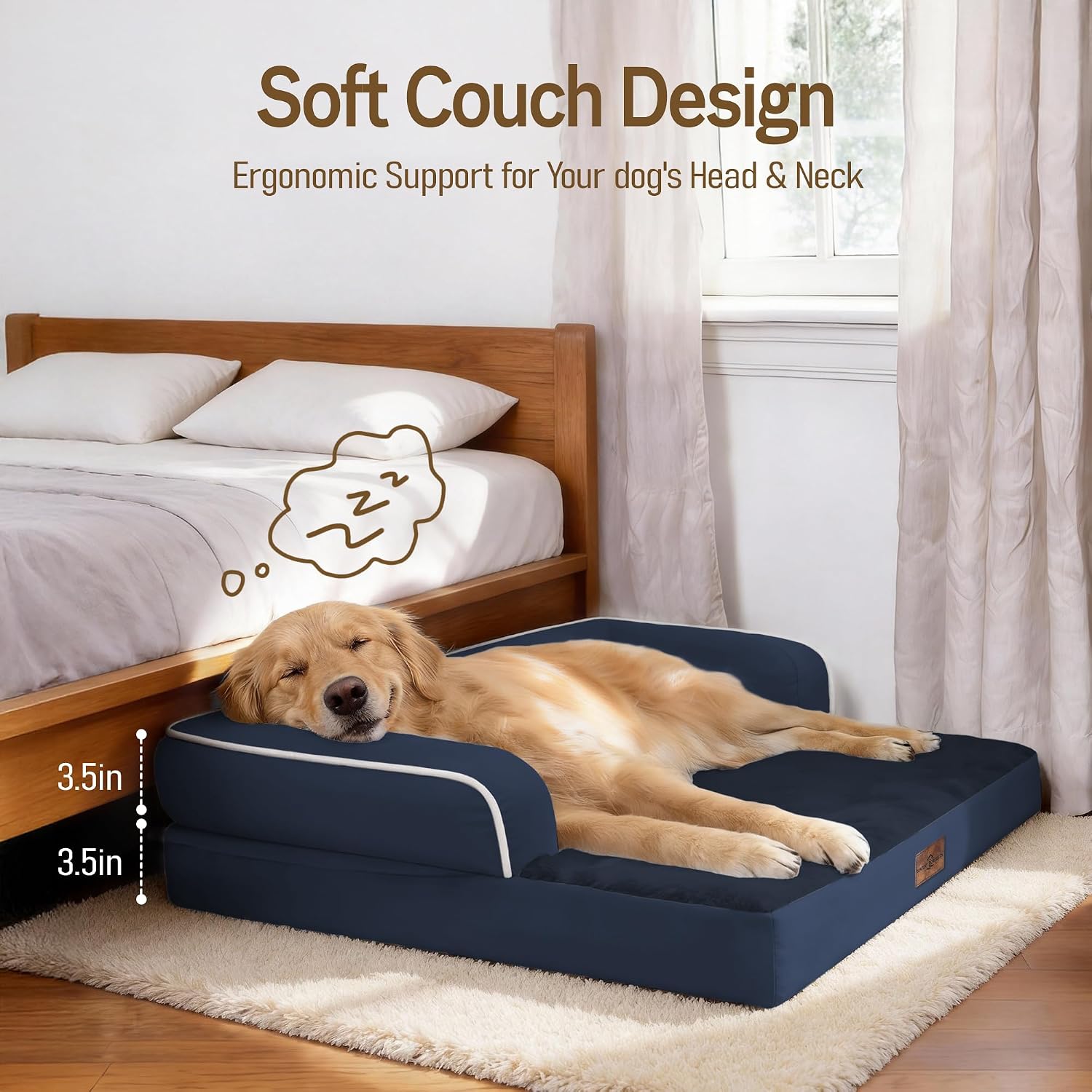 Comfort Expression Washable Orthopedic Dog Bed for Extra Large Sized Dogs | Waterproof Memory Foam Pet Bed 45x35 Inch with Removable Cover with Non-Slip & Bolster, Navy Blue