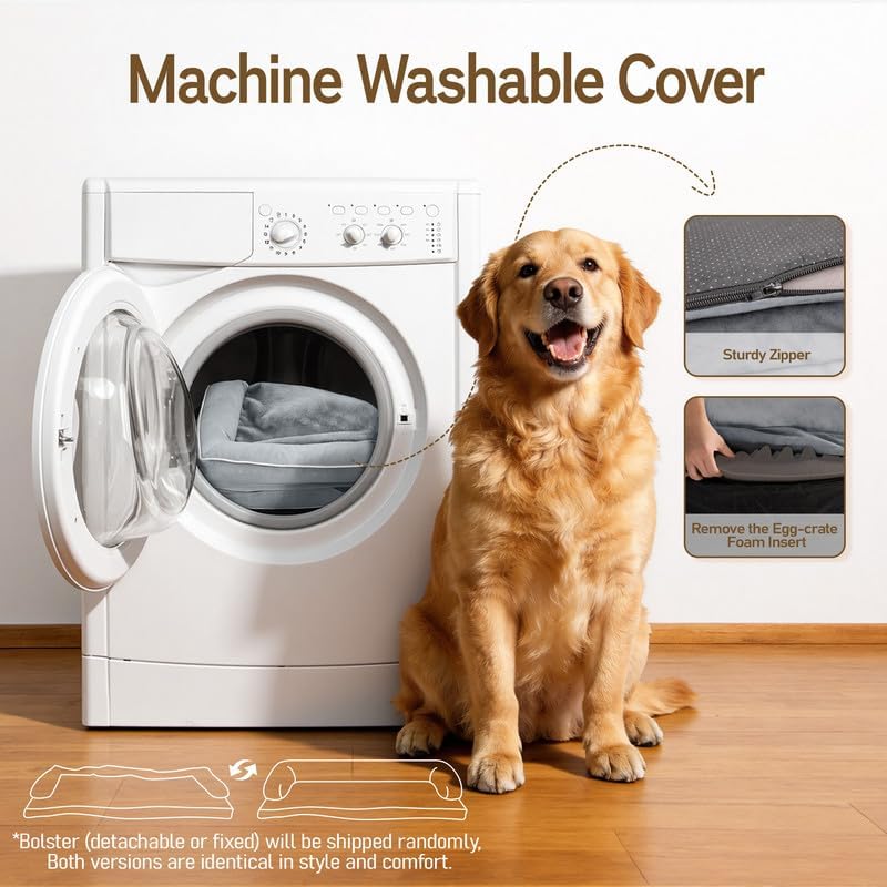 Comfort Expression Washable Orthopedic Dog Bed for Large Sized Dogs | Waterproof Memory Foam Pet Bed 91x68x17cm with Removable Cover, Pet Sofa Couch with Non-Slip & Bolster, Grey