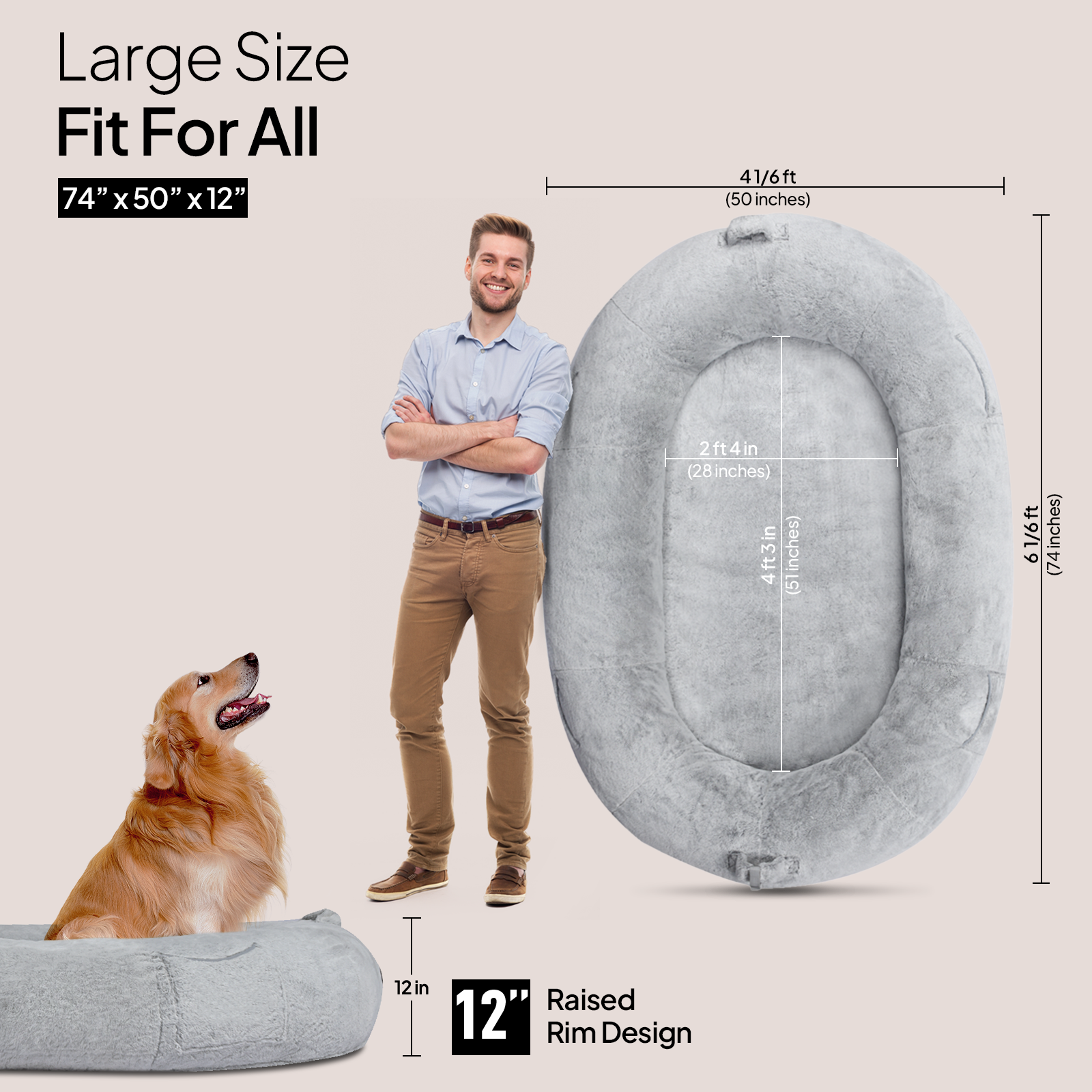 Giant Human Sized Dog Bed for Adults and Pets, 74"x50"x12" Pressure Relieving Memory Foam for Ultimate Comfort, Waterproof & Machine Washable Cover, Family Bedroom Lounger