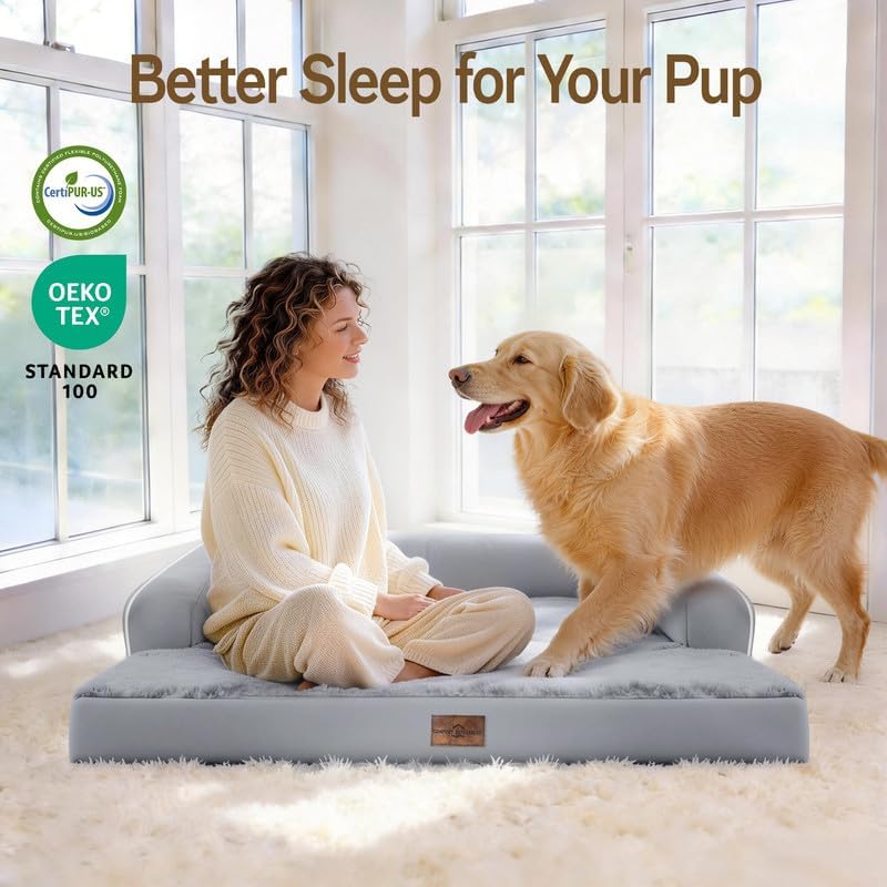 Comfort Expression Washable Orthopedic Dog Bed for Large Sized Dogs | Waterproof Memory Foam Pet Bed 91x68x17cm with Removable Cover, Pet Sofa Couch with Non-Slip & Bolster, Grey
