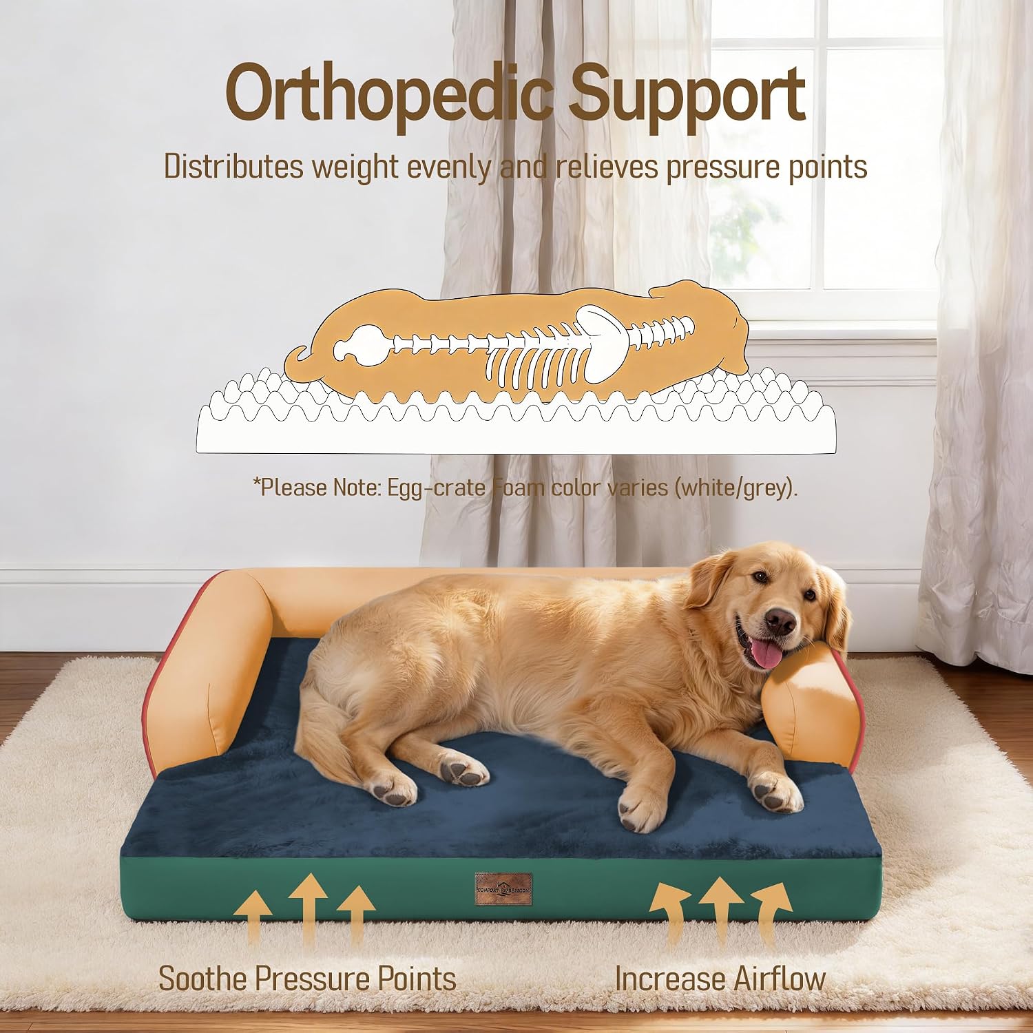 Comfort Expression Extra Large Dog Bed - XL Washable Orthopedic Ped Bed for Big Dog Waterproof Couch Memory Foam Sofa Bolster with Removable Cover - 42 x 30