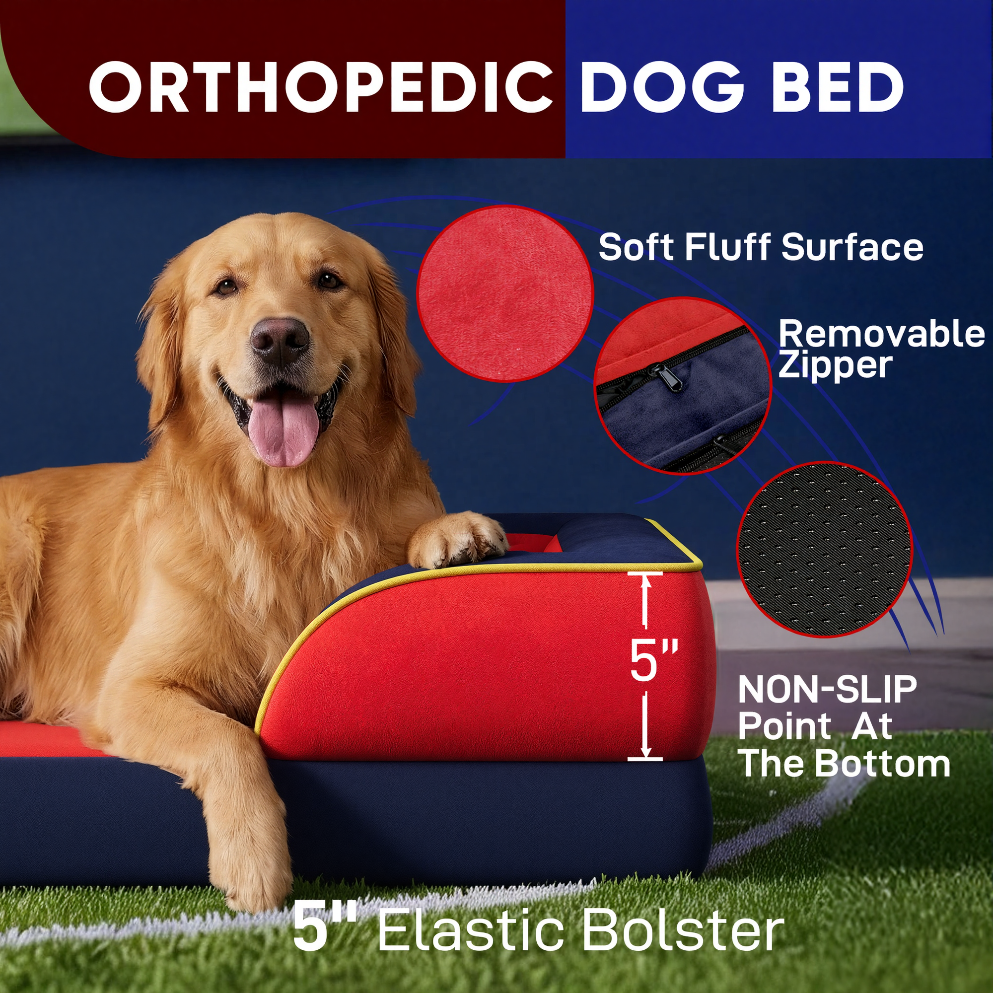 Kansas City  - World Cup Host City Theme Orthopedic Dog Bed for Large Dogs – Waterproof Egg Crate Foam Pet Bed with Bolsters, Washable Cover & Non-Slip Bottom