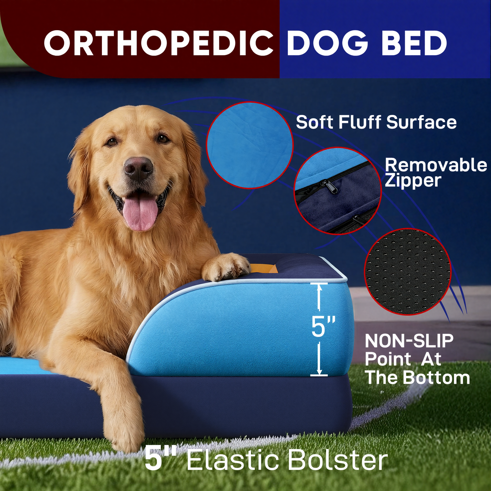 Houston  - World Cup Host City Theme Orthopedic Dog Bed for Large Dogs – Waterproof Egg Crate Foam Pet Bed with Bolsters, Washable Cover & Non-Slip Bottom