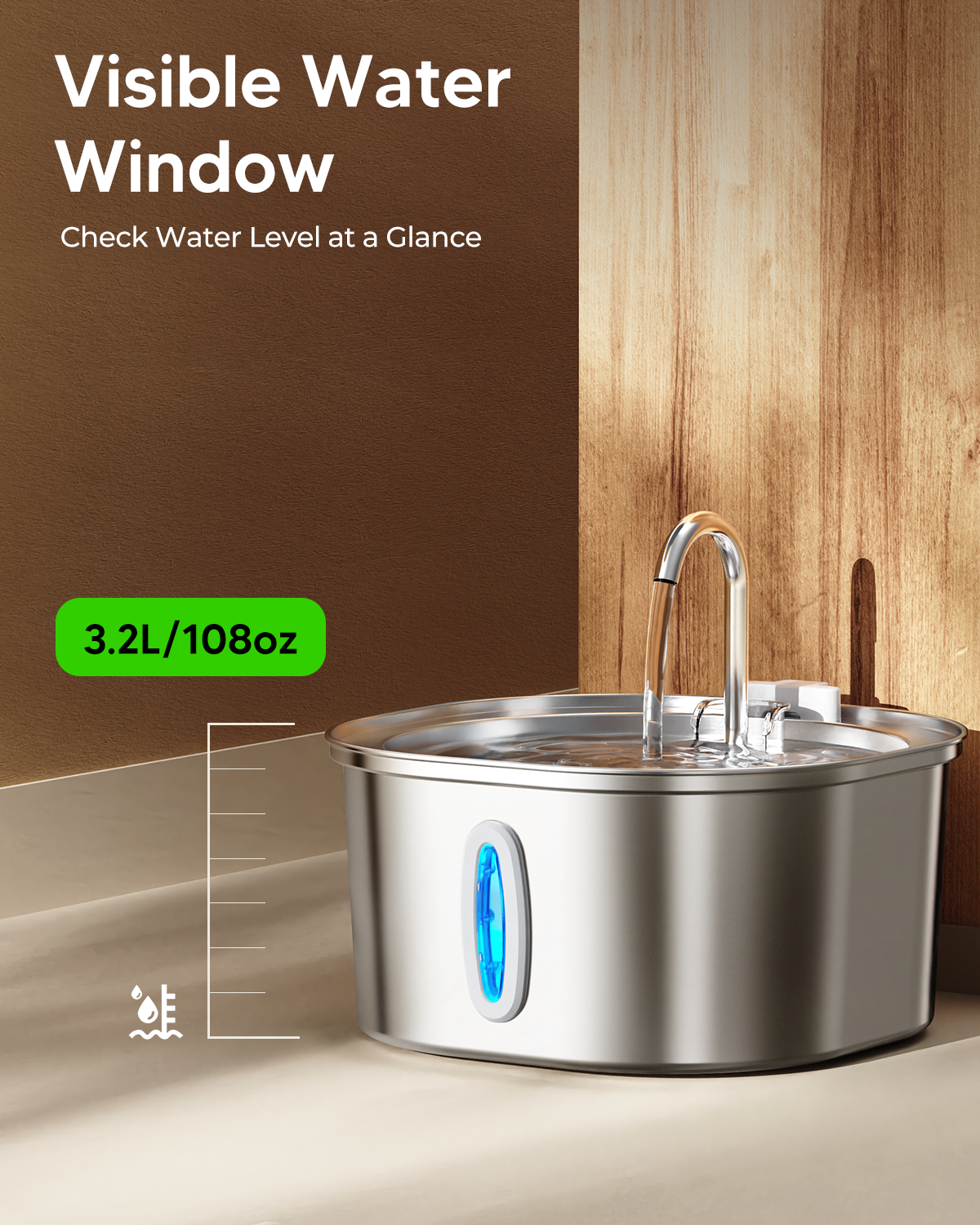 Stainless Steel Cat Water Fountain, 3.2L/108oz Cat Water Dispenser with Quiet Water Pump, Dishwasher Safe Pet Drinking Fountain for Cats