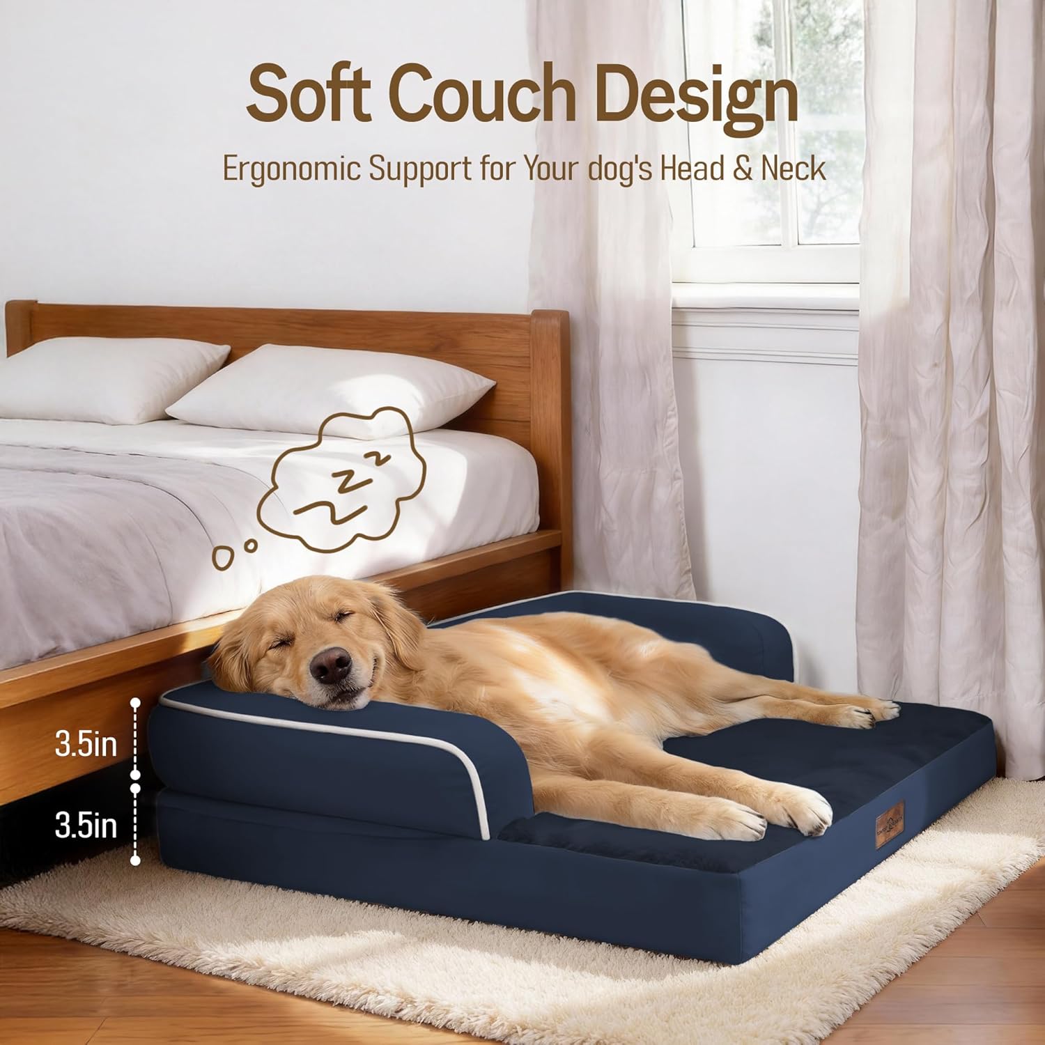 Comfort Expression Washable Orthopedic Dog Bed for Large Sized Dogs | Waterproof Memory Foam Pet Bed 36x27 Inch with Removable Cover, Pet Sofa Couch with Non-Slip &amp; Bolster, Navy Blue