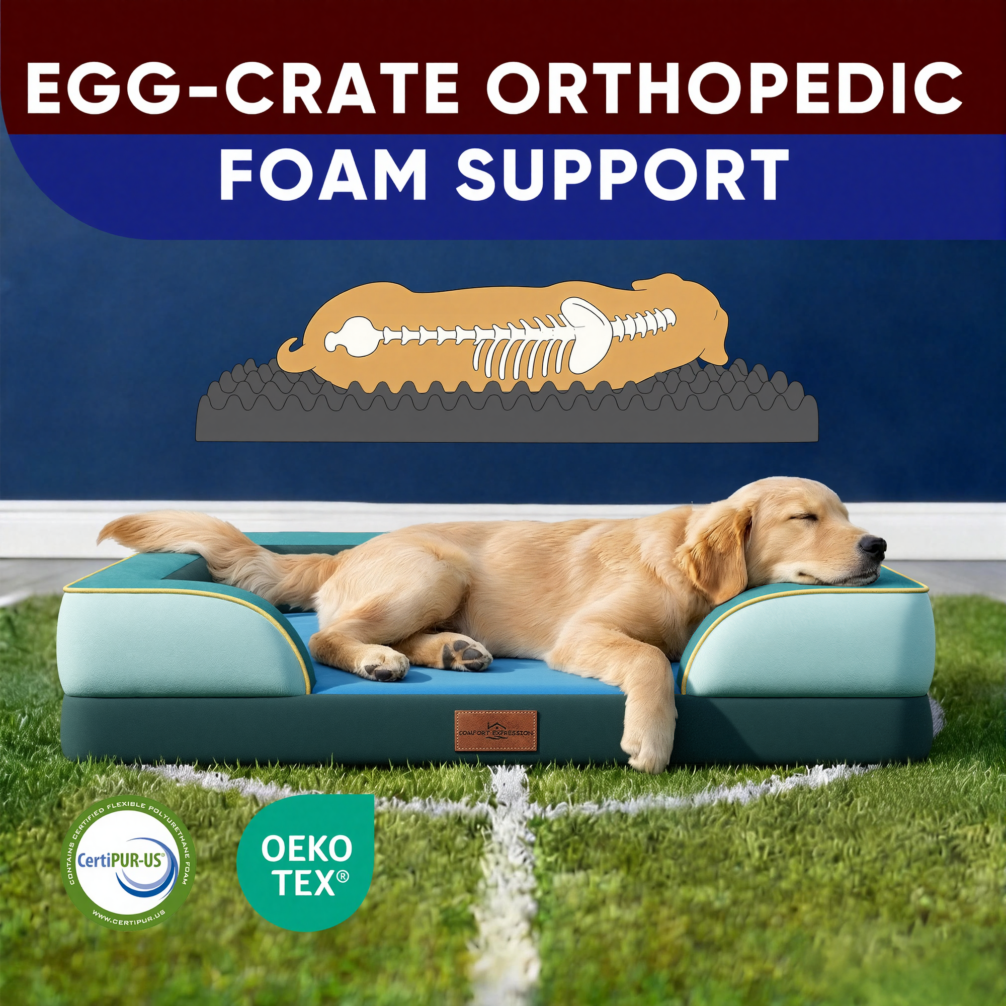 Seattle - World Cup Host City Theme Orthopedic Dog Bed for Large Dogs – Waterproof Egg Crate Foam Pet Bed with Bolsters, Washable Cover & Non-Slip Bottom