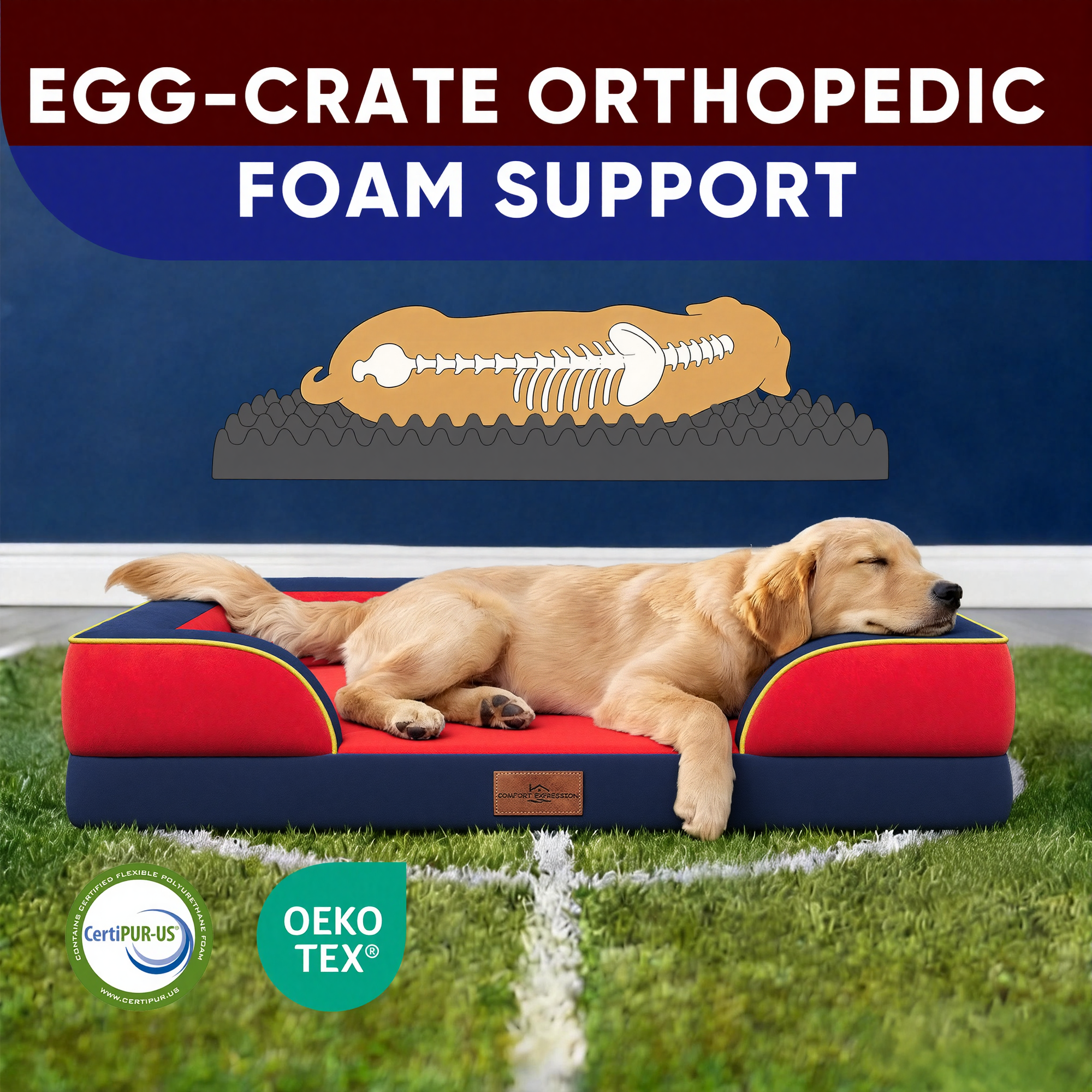 Kansas City  - World Cup Host City Theme Orthopedic Dog Bed for Large Dogs – Waterproof Egg Crate Foam Pet Bed with Bolsters, Washable Cover & Non-Slip Bottom