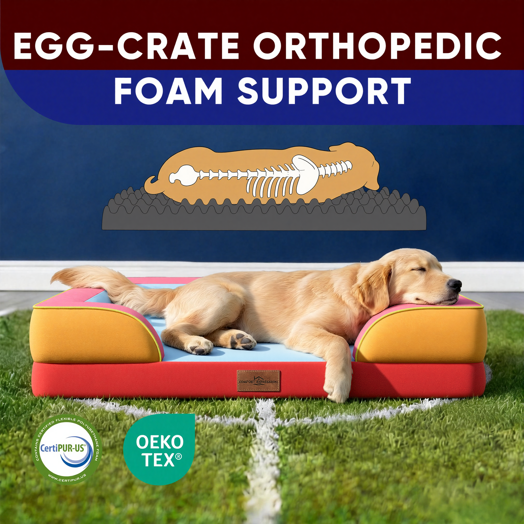 Miami - World Cup Host City Theme Orthopedic Dog Bed for Large Dogs – Waterproof Egg Crate Foam Pet Bed with Bolsters, Washable Cover & Non-Slip Bottom