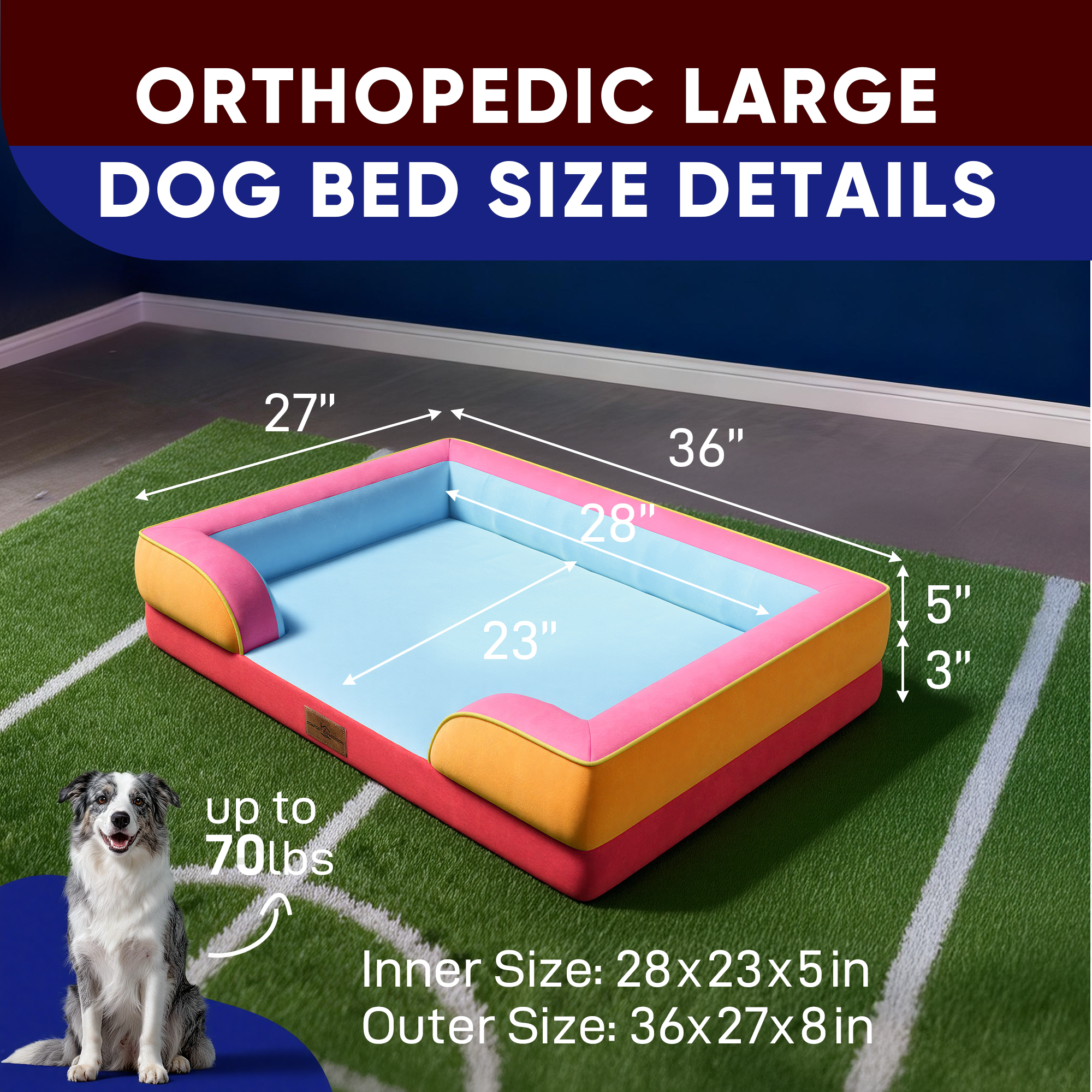 Miami - World Cup Host City Theme Orthopedic Dog Bed for Large Dogs – Waterproof Egg Crate Foam Pet Bed with Bolsters, Washable Cover & Non-Slip Bottom