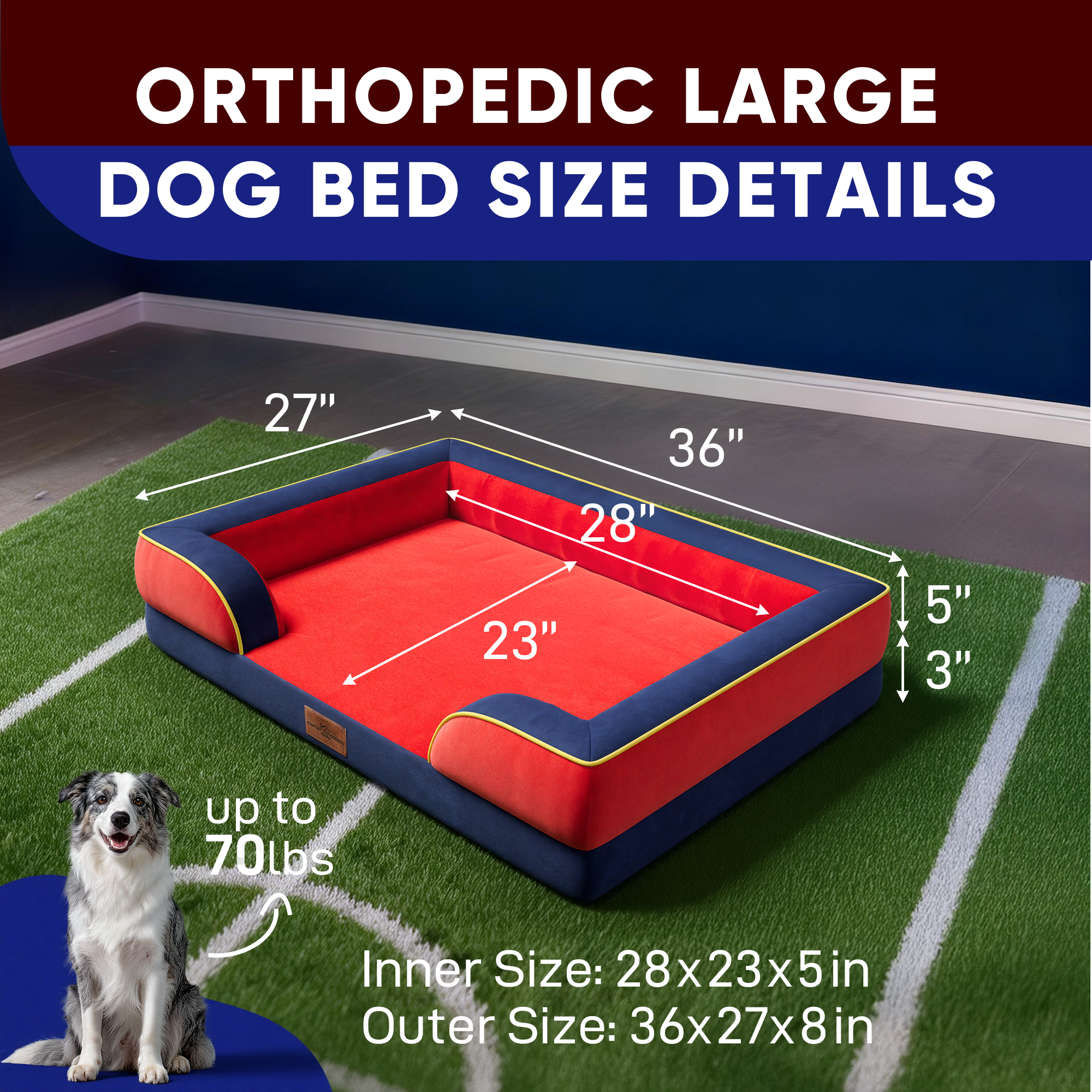 Kansas City  - World Cup Host City Theme Orthopedic Dog Bed for Large Dogs – Waterproof Egg Crate Foam Pet Bed with Bolsters, Washable Cover & Non-Slip Bottom