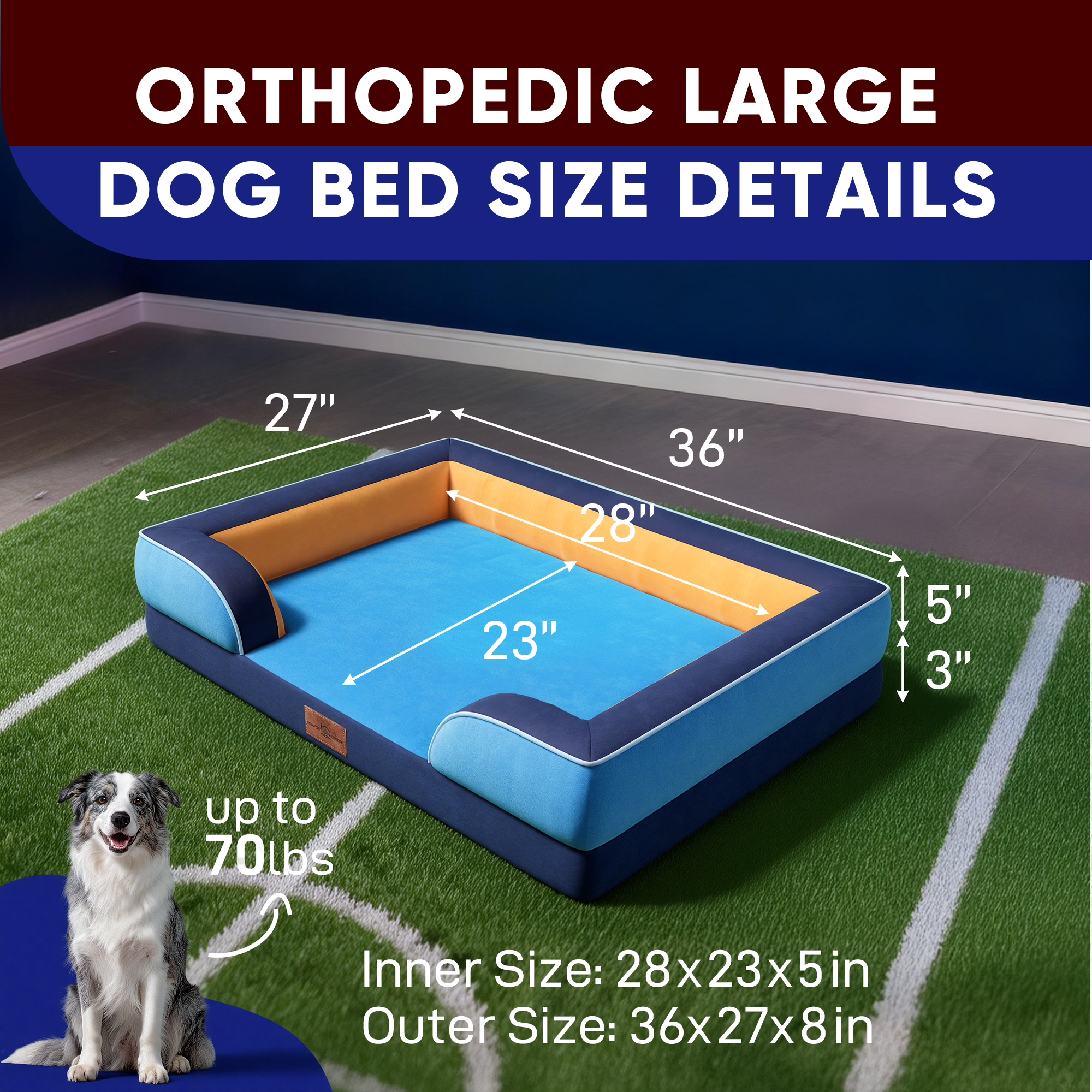 Houston  - World Cup Host City Theme Orthopedic Dog Bed for Large Dogs – Waterproof Egg Crate Foam Pet Bed with Bolsters, Washable Cover & Non-Slip Bottom
