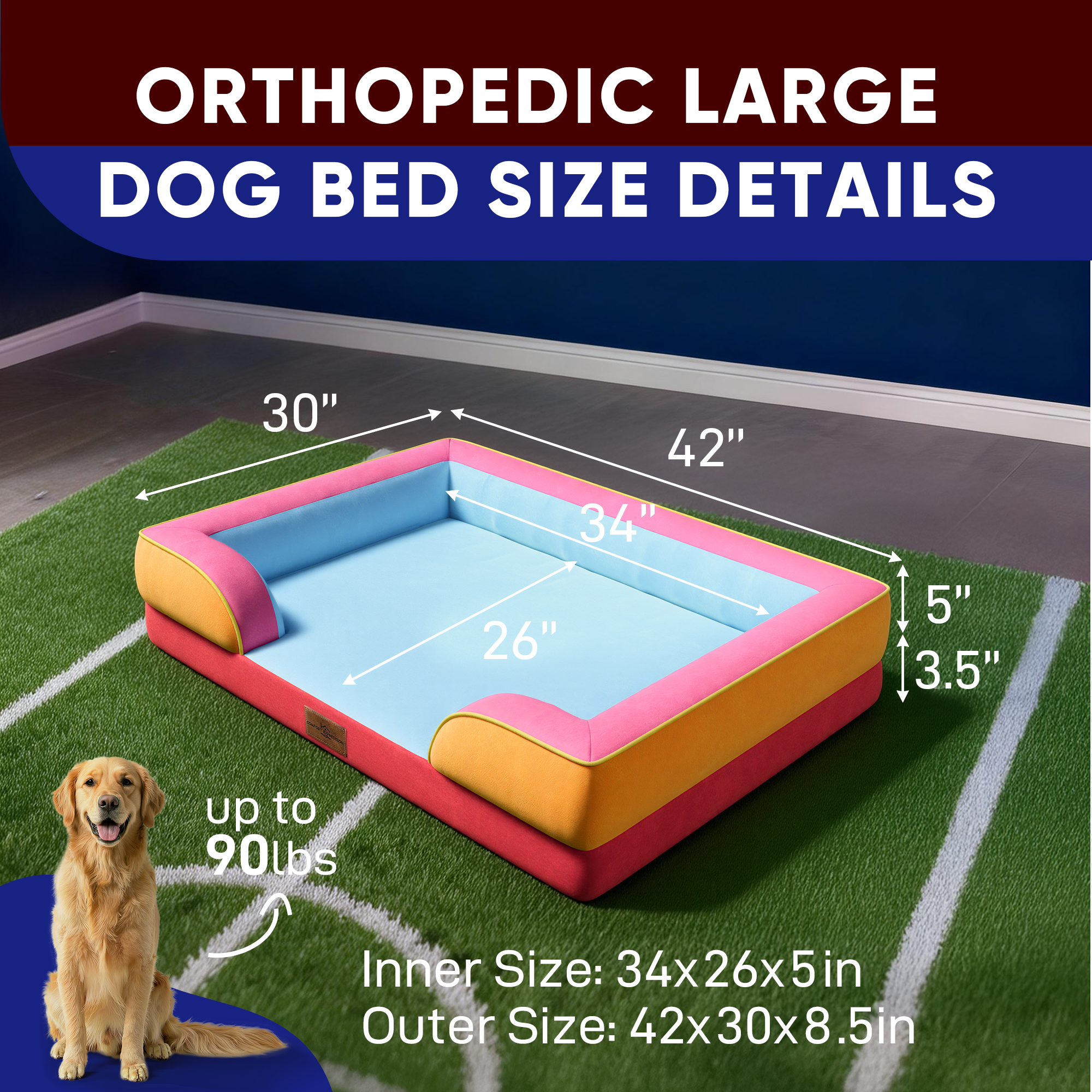 Miami - World Cup Host City Theme Orthopedic Dog Bed for Large Dogs – Waterproof Egg Crate Foam Pet Bed with Bolsters, Washable Cover & Non-Slip Bottom