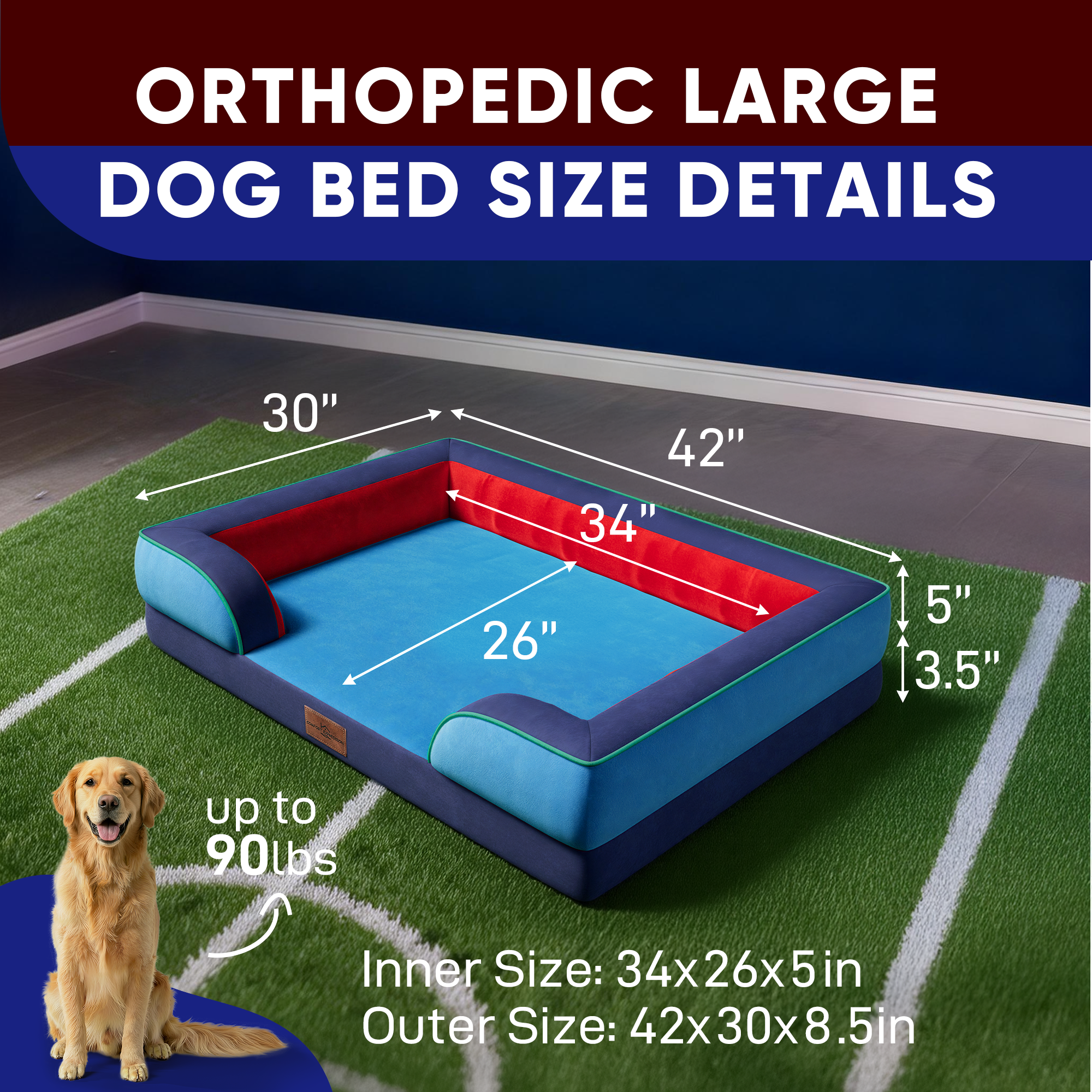 Philadelphia - World Cup Host City Theme Orthopedic Dog Bed for Large Dogs – Waterproof Egg Crate Foam Pet Bed with Bolsters, Washable Cover & Non-Slip Bottom