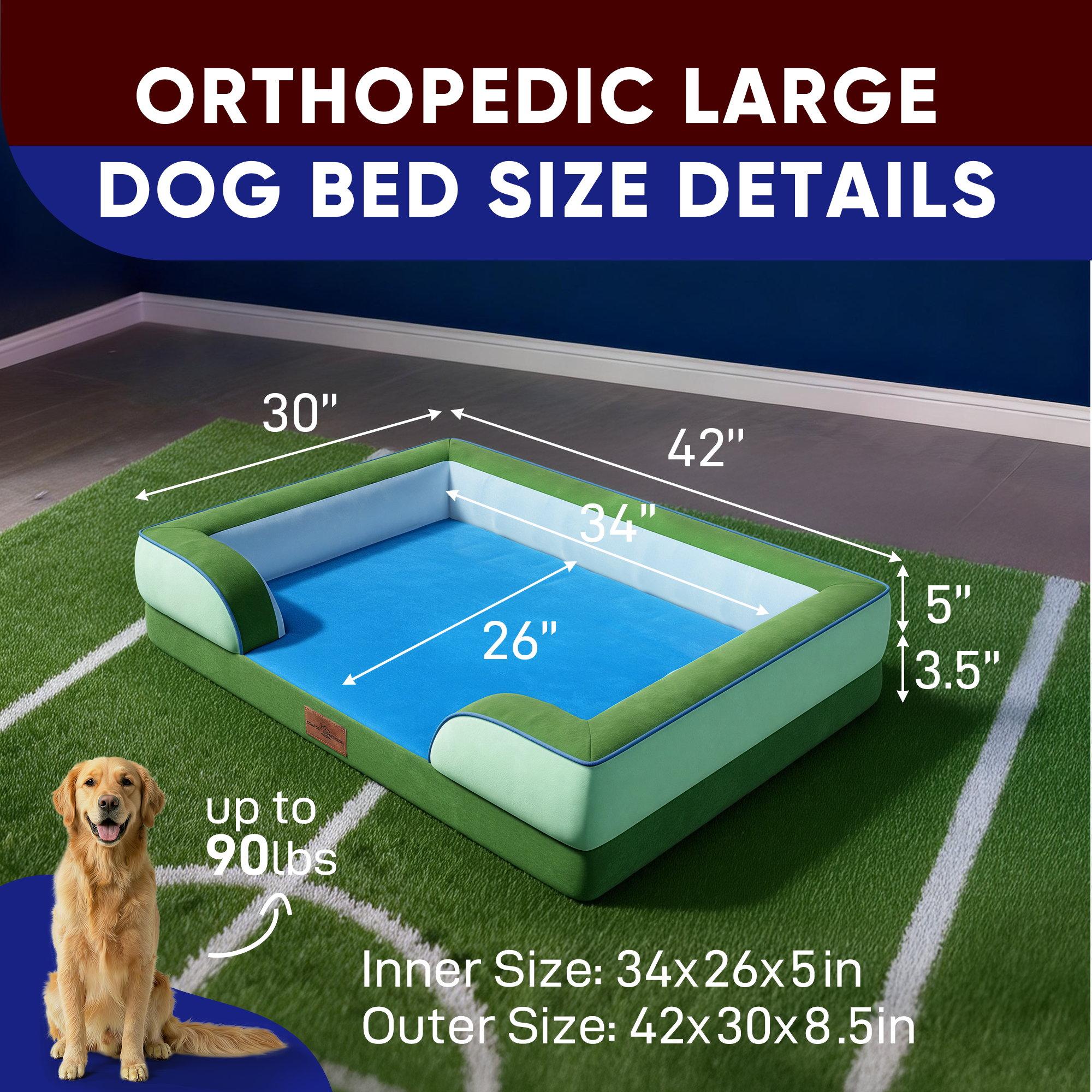 Boston - World Cup Host City Theme Orthopedic Dog Bed for Large Dogs – Waterproof Egg Crate Foam Pet Bed with Bolsters, Washable Cover & Non-Slip Bottom