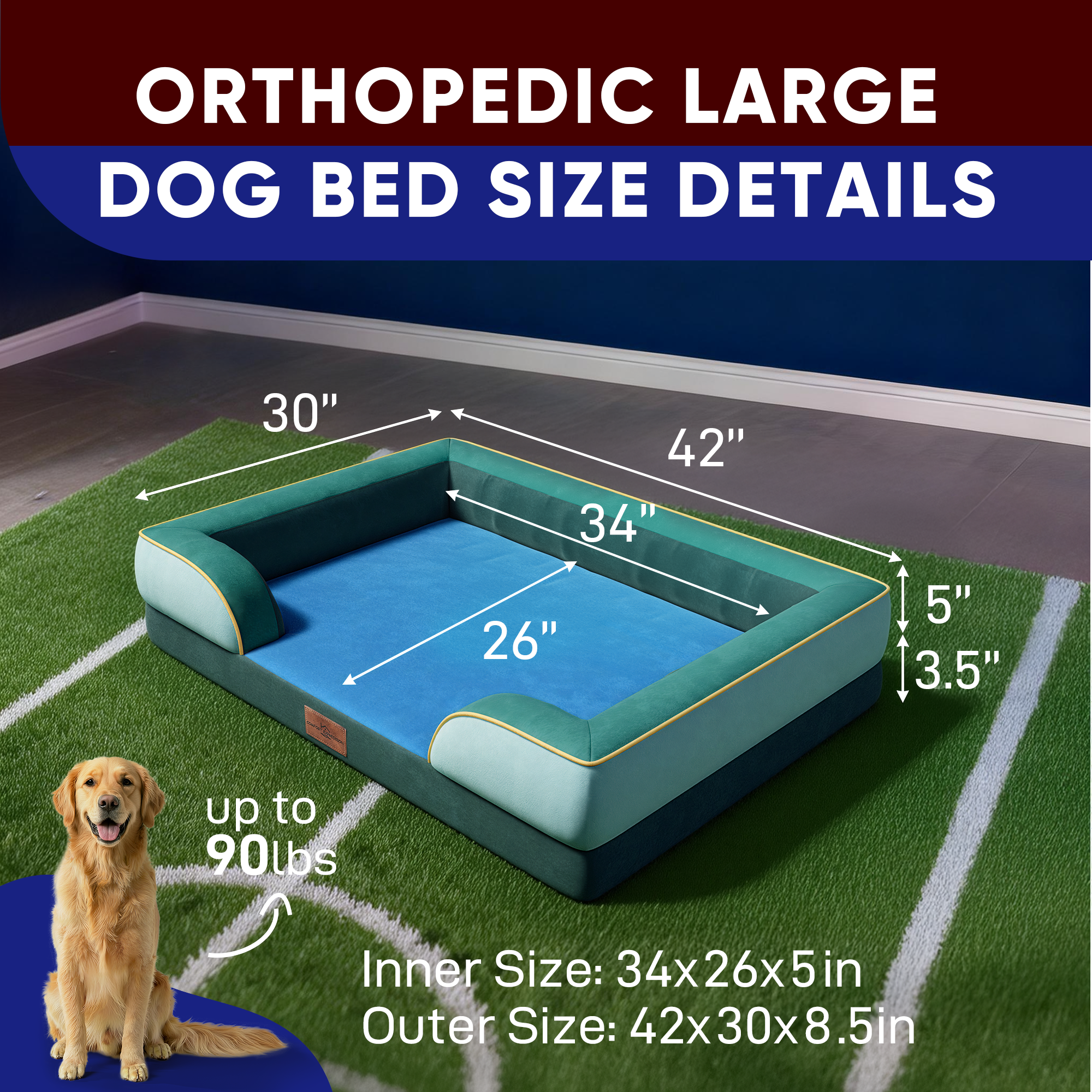 Seattle - World Cup Host City Theme Orthopedic Dog Bed for Large Dogs – Waterproof Egg Crate Foam Pet Bed with Bolsters, Washable Cover & Non-Slip Bottom