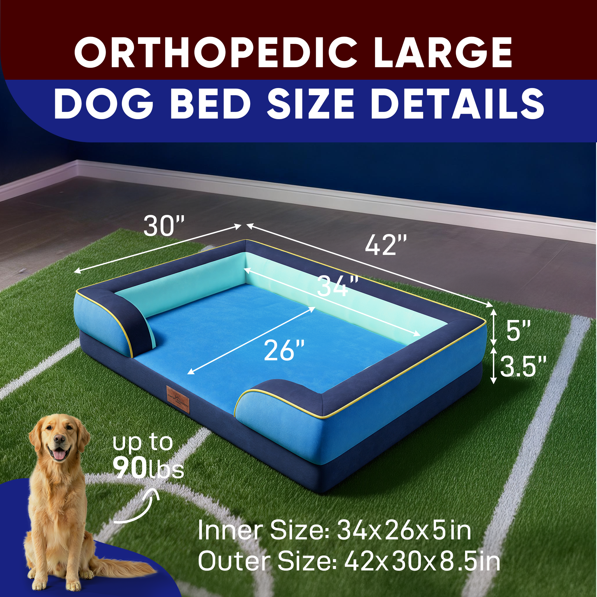 New Jersey  - World Cup Host City Theme Orthopedic Dog Bed for Large Dogs – Waterproof Egg Crate Foam Pet Bed with Bolsters, Washable Cover & Non-Slip Bottom
