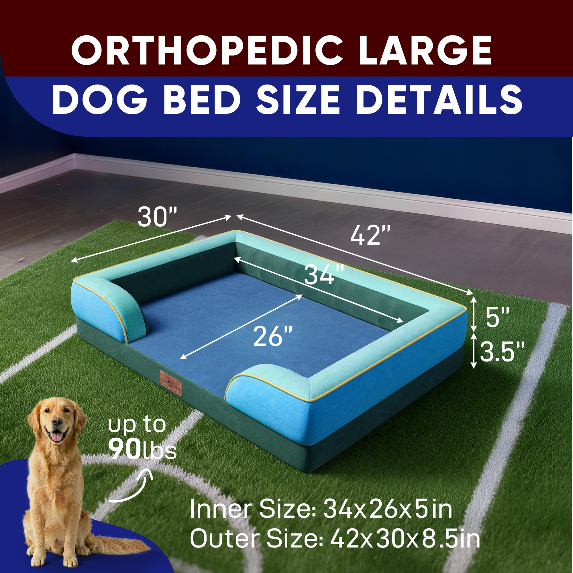 Dallas - World Cup Host City Theme Orthopedic Dog Bed for Large Dogs – Waterproof Egg Crate Foam Pet Bed with Bolsters, Washable Cover & Non-Slip Bottom