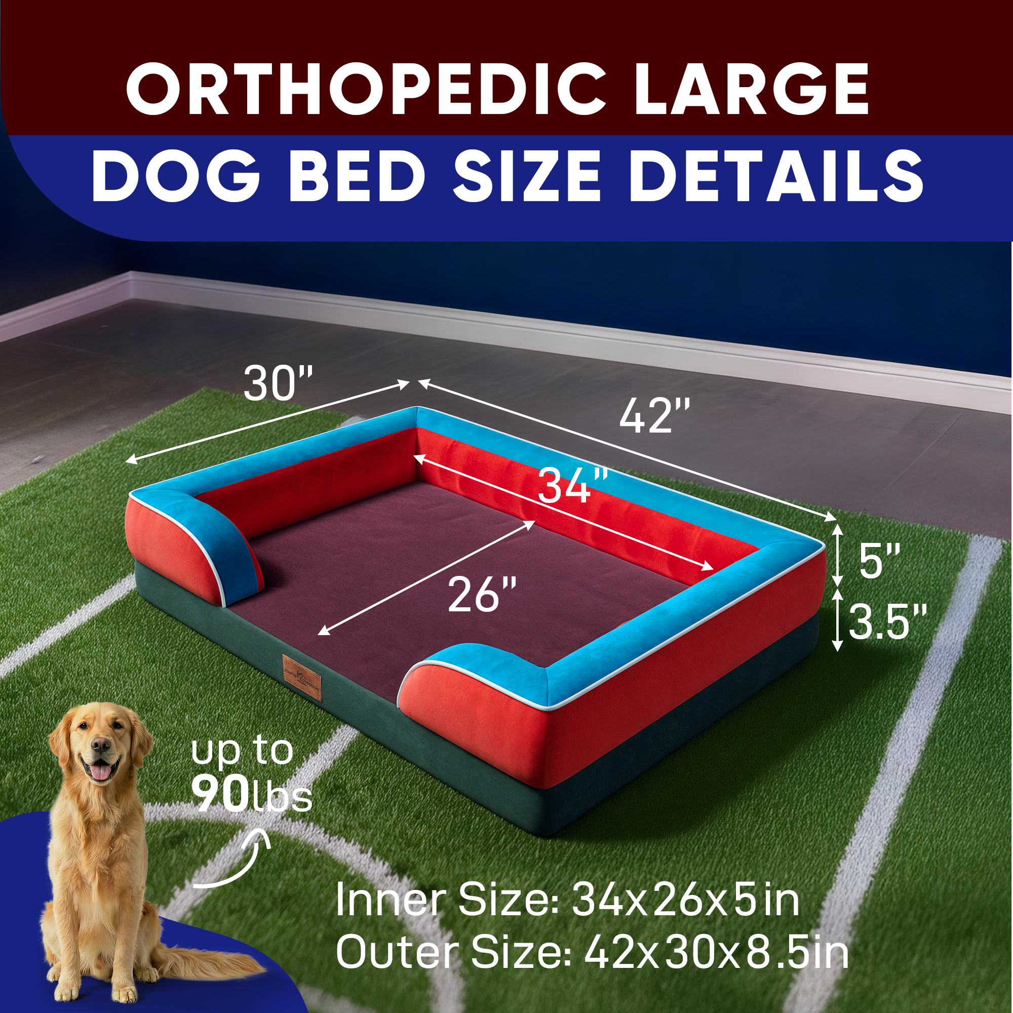 San Francisco  - World Cup Host City Theme Orthopedic Dog Bed for Large Dogs – Waterproof Egg Crate Foam Pet Bed with Bolsters, Washable Cover & Non-Slip Bottom