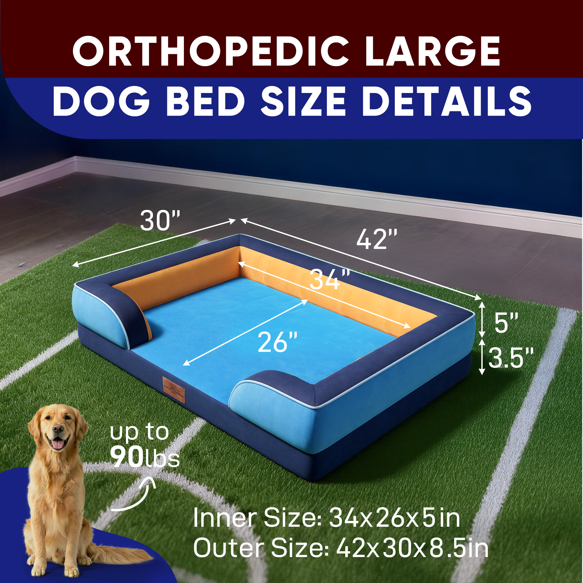 Houston  - World Cup Host City Theme Orthopedic Dog Bed for Large Dogs – Waterproof Egg Crate Foam Pet Bed with Bolsters, Washable Cover & Non-Slip Bottom